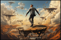 Surreal Suit Man on Broken Platforms Artistic Poster