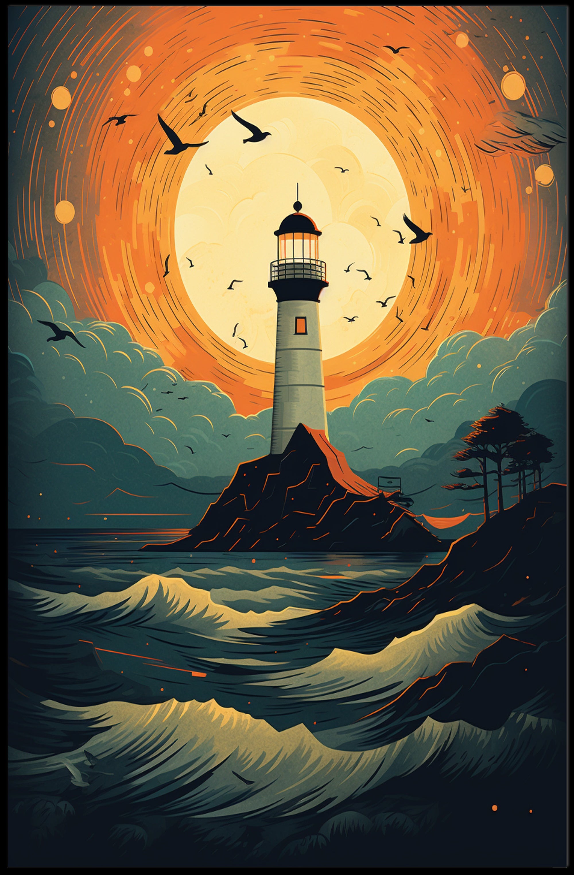 Lighthouse At Sunset Poster PosterGoat