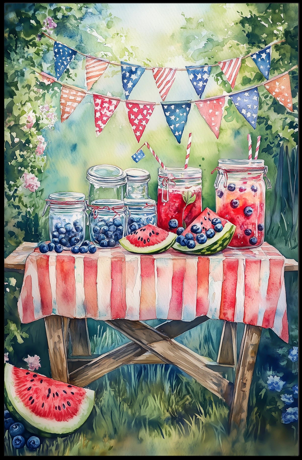 Watercolor Lemonade Stand Table With Fruit Garden Poster