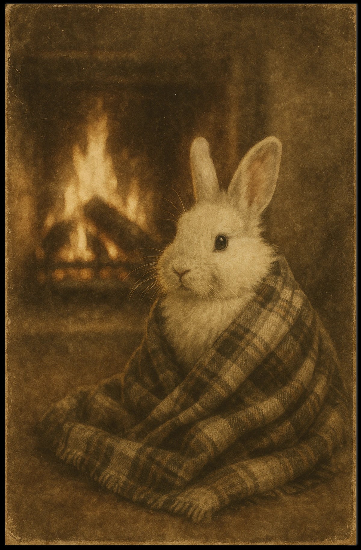 Cozy Fireside Bunny Poster