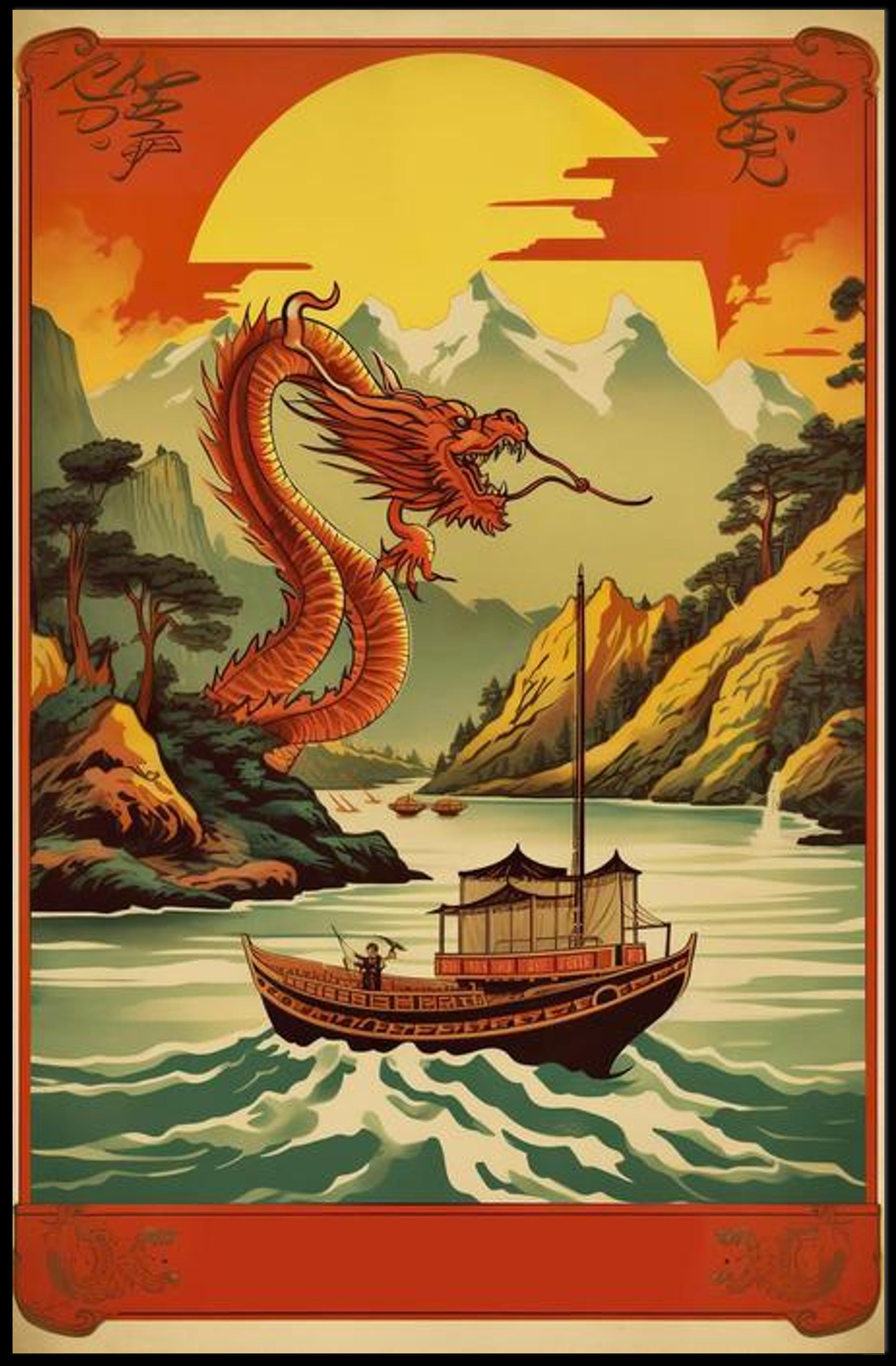 Dragon Soaring Over Serene River Poster
