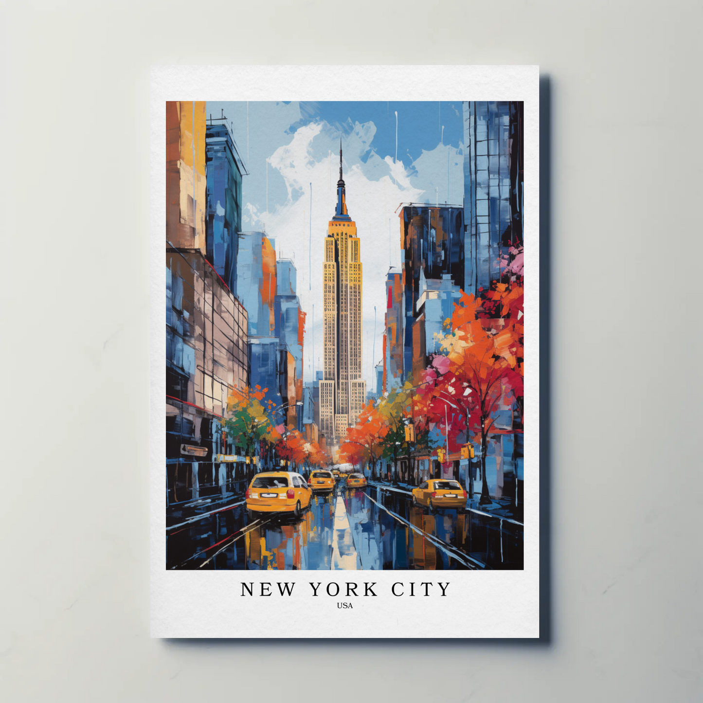 New York City Fall Taxis Empire State Building Travel Poster