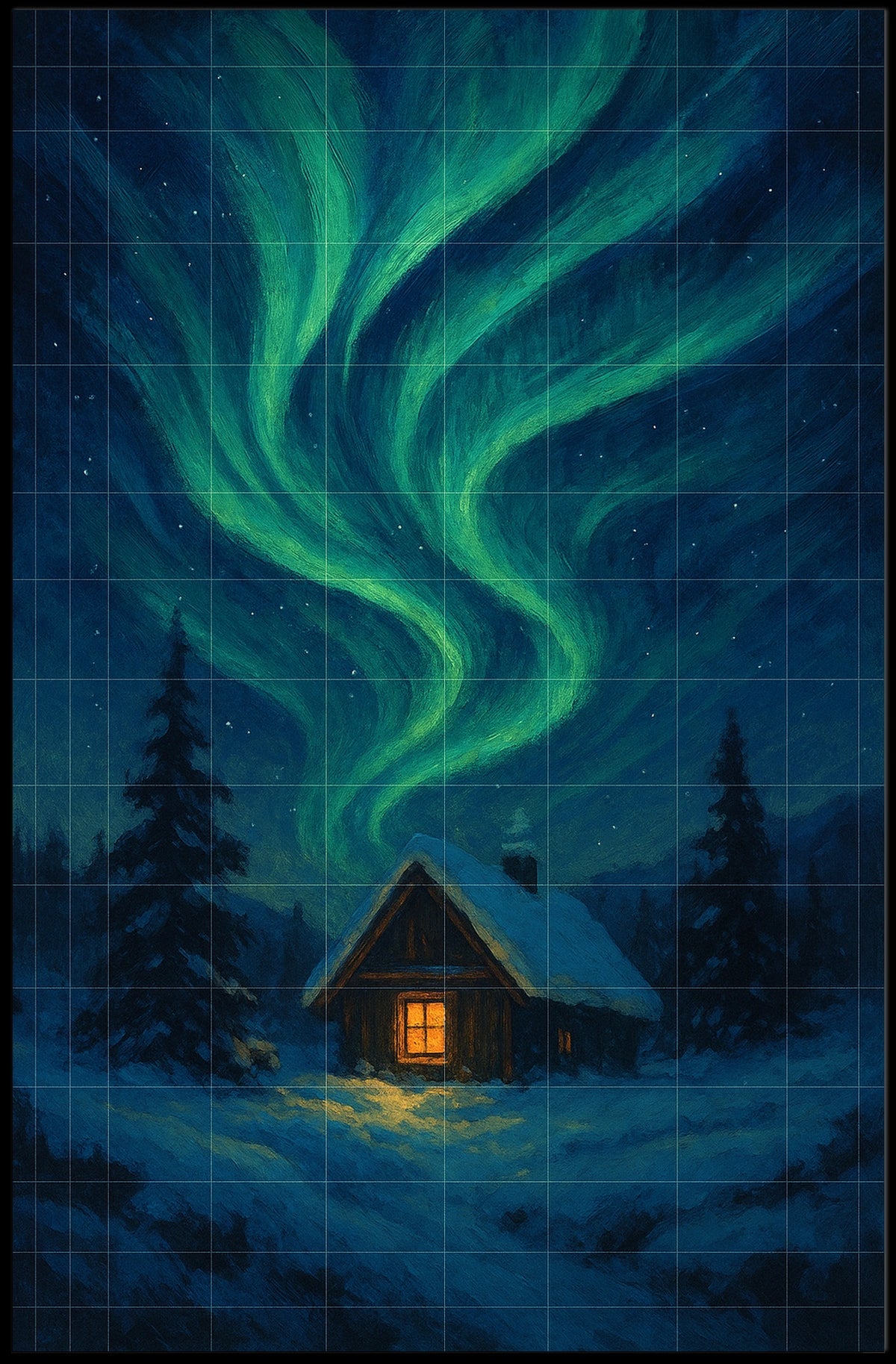 Northern Lights Over A Winter Cabin Poster