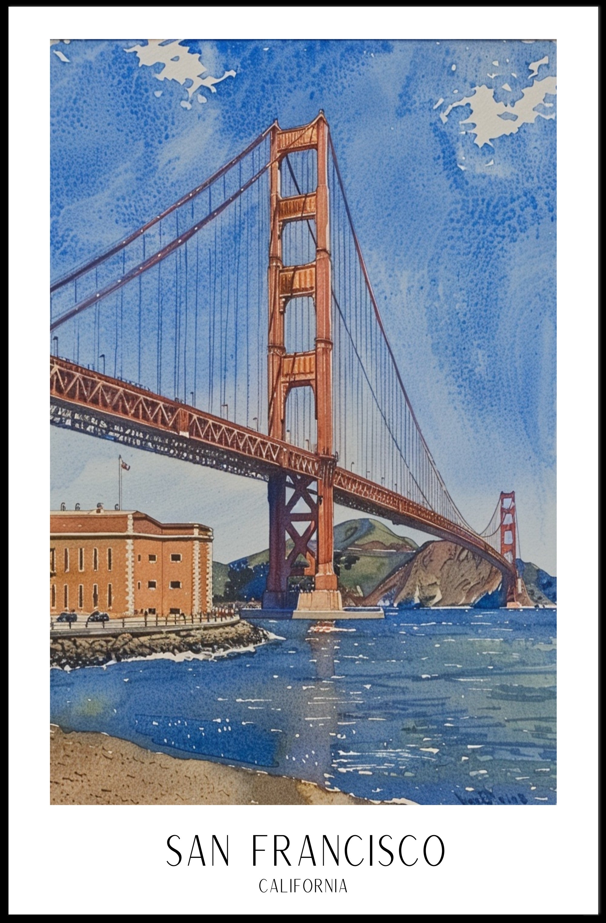 Golden Gate Bridge Watercolor Urban or Cityscape Poster PosterGoat