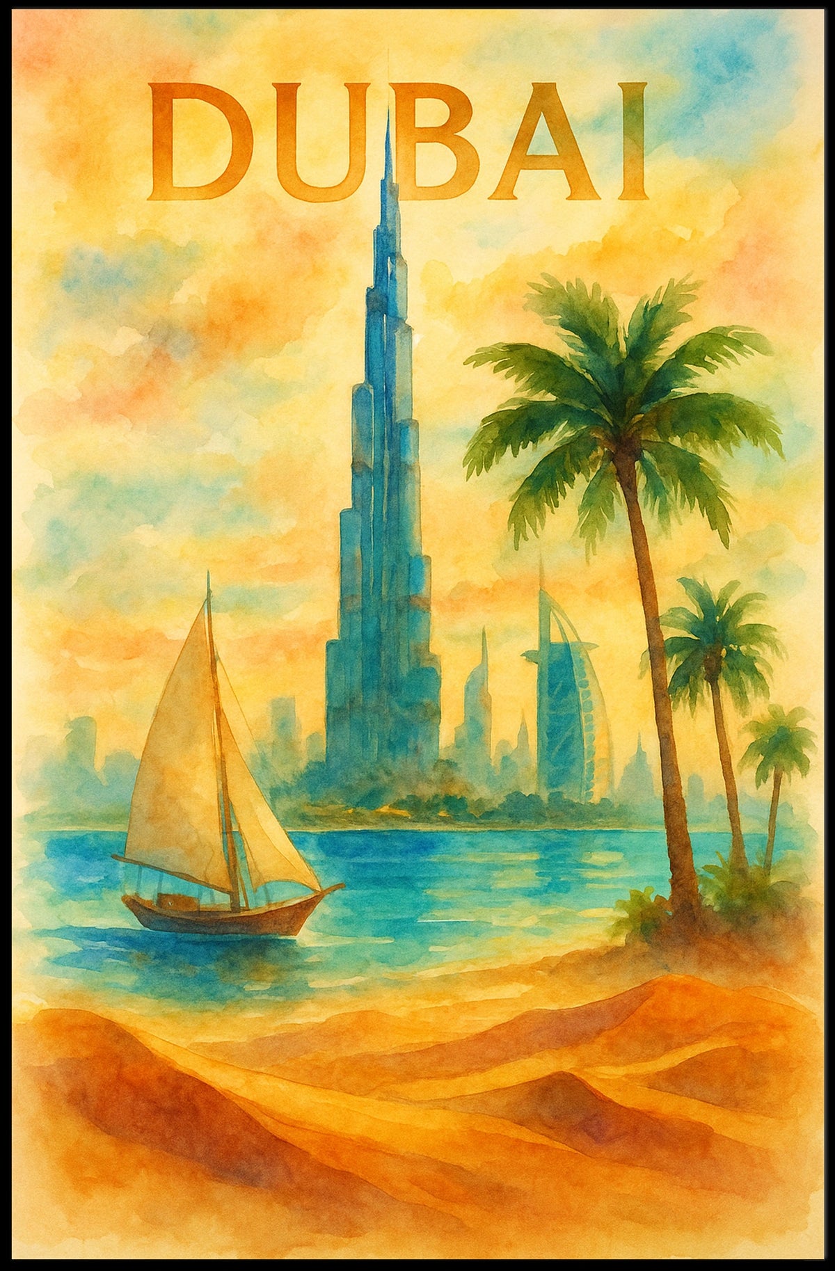 Discover Dubai Watercolor Landmarks Poster