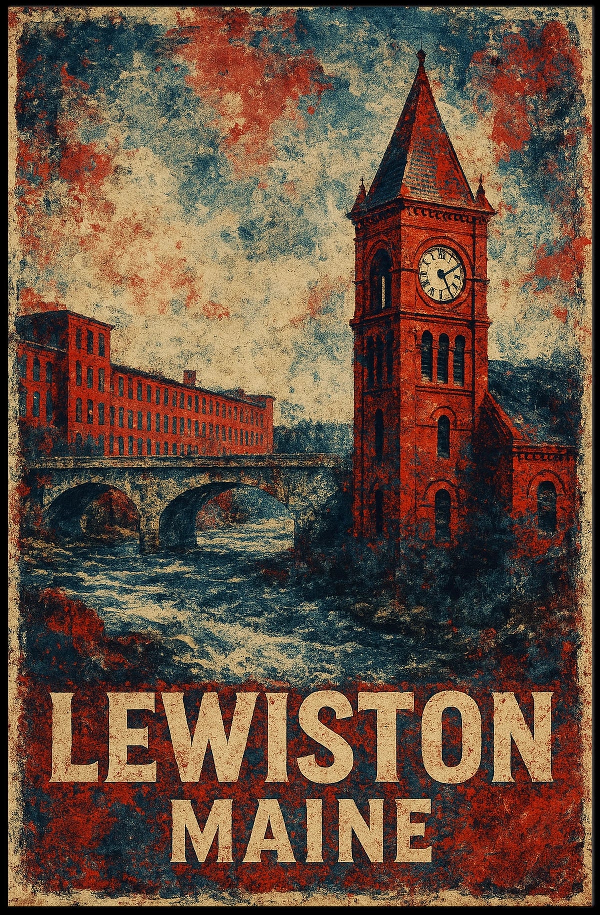 Lewiston Maine Industrial Heritage Cityscape Retro Poster