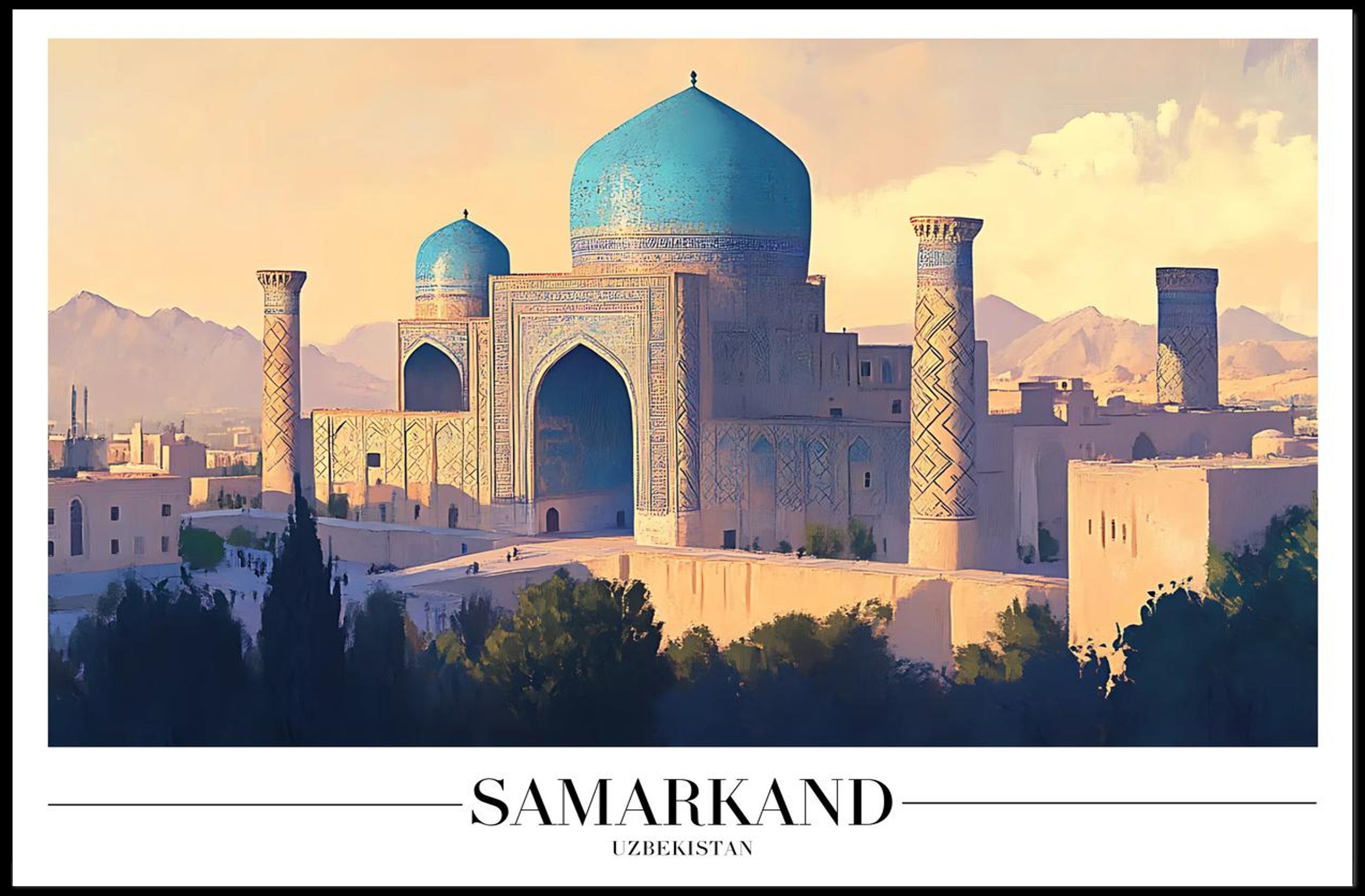 Serene Blue Domes of Samarkand Cultural Heritage Poster