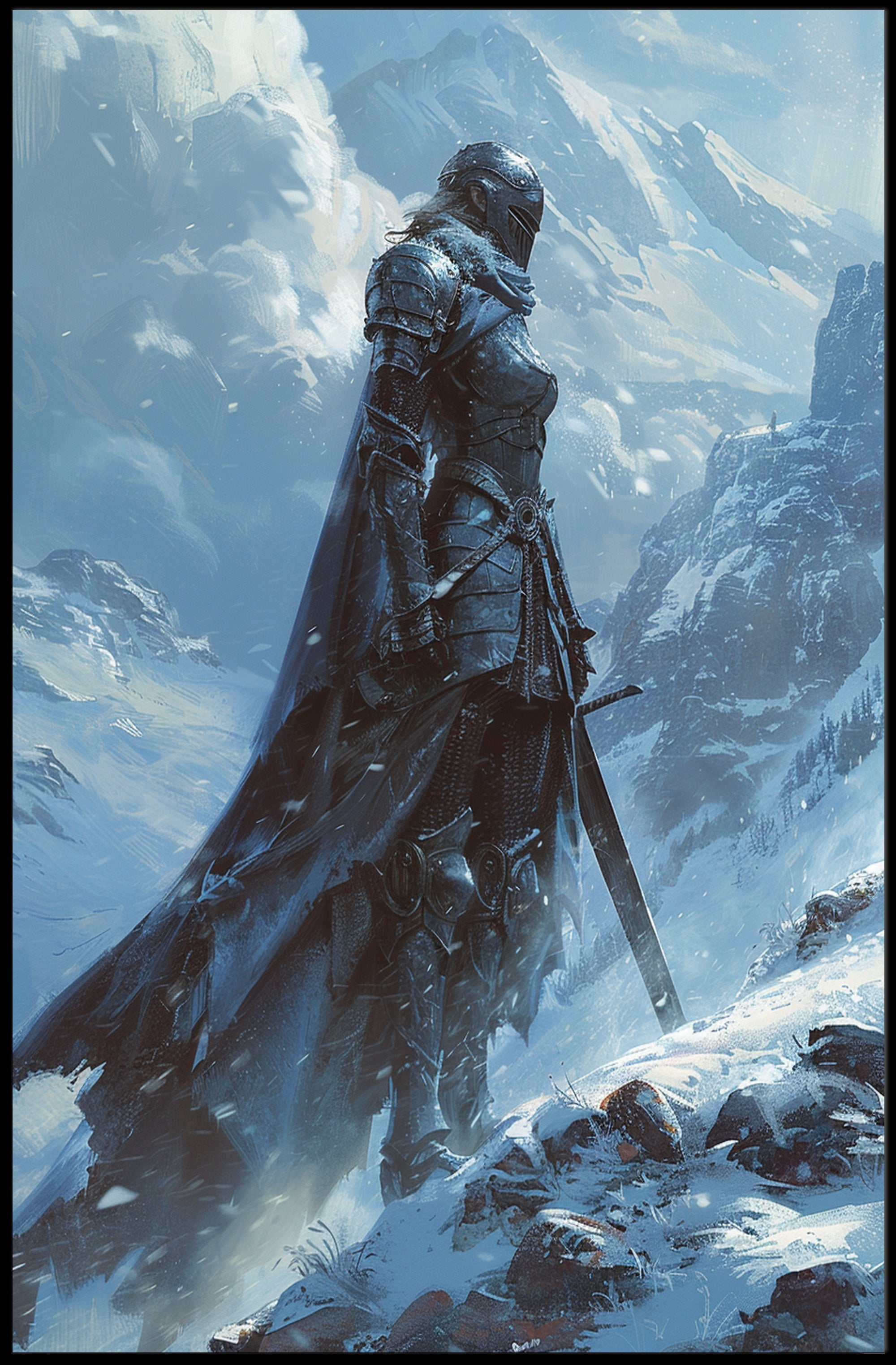 Warrior in Snowy Mountains: Epic Fantasy or Mythology Poster PosterGoat