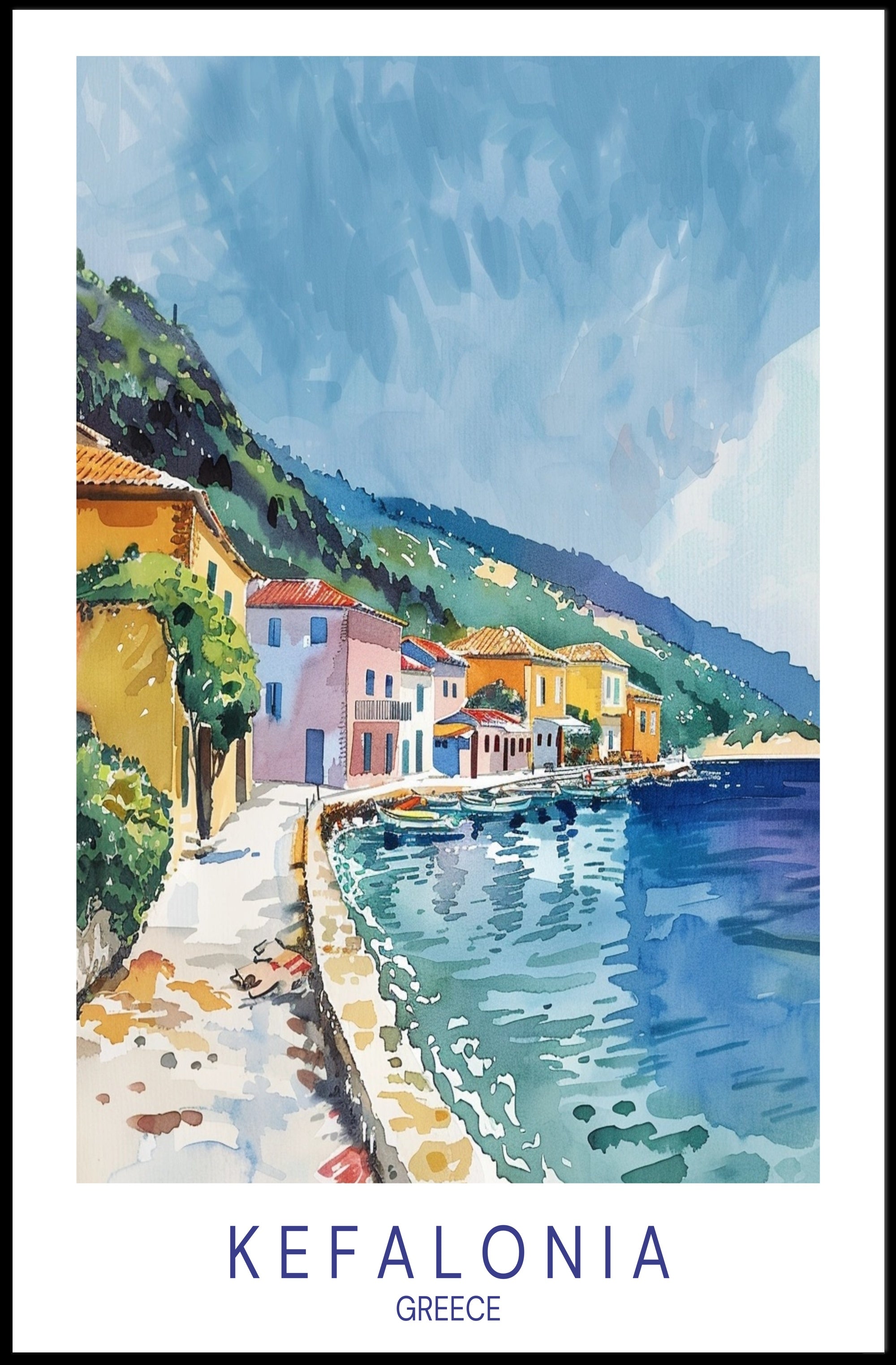 Kefalonia Coastal Charm in Watercolor Travel Poster PosterGoat