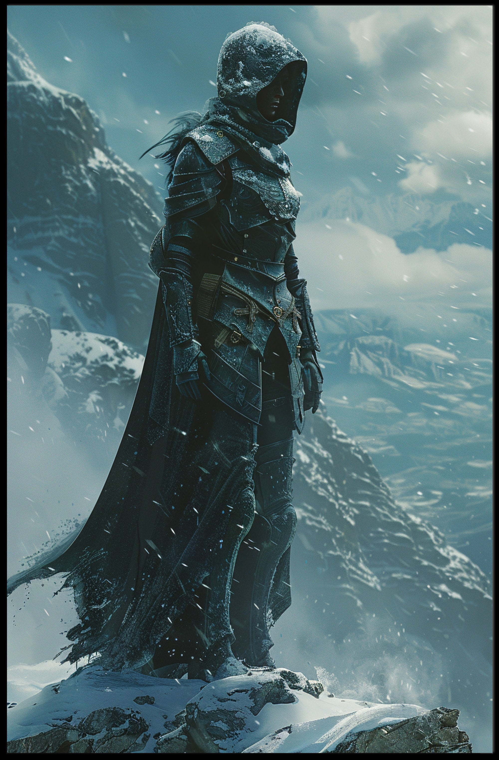 Lone Warrior on Snowy Mountain: Fantasy or Mythology Poster PosterGoat