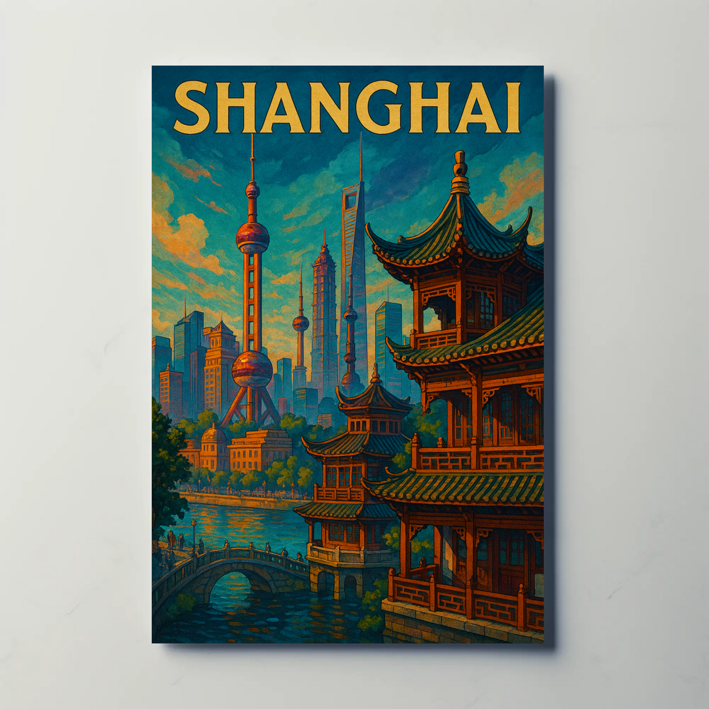 Shanghai Skyline River Pagoda Travel Poster