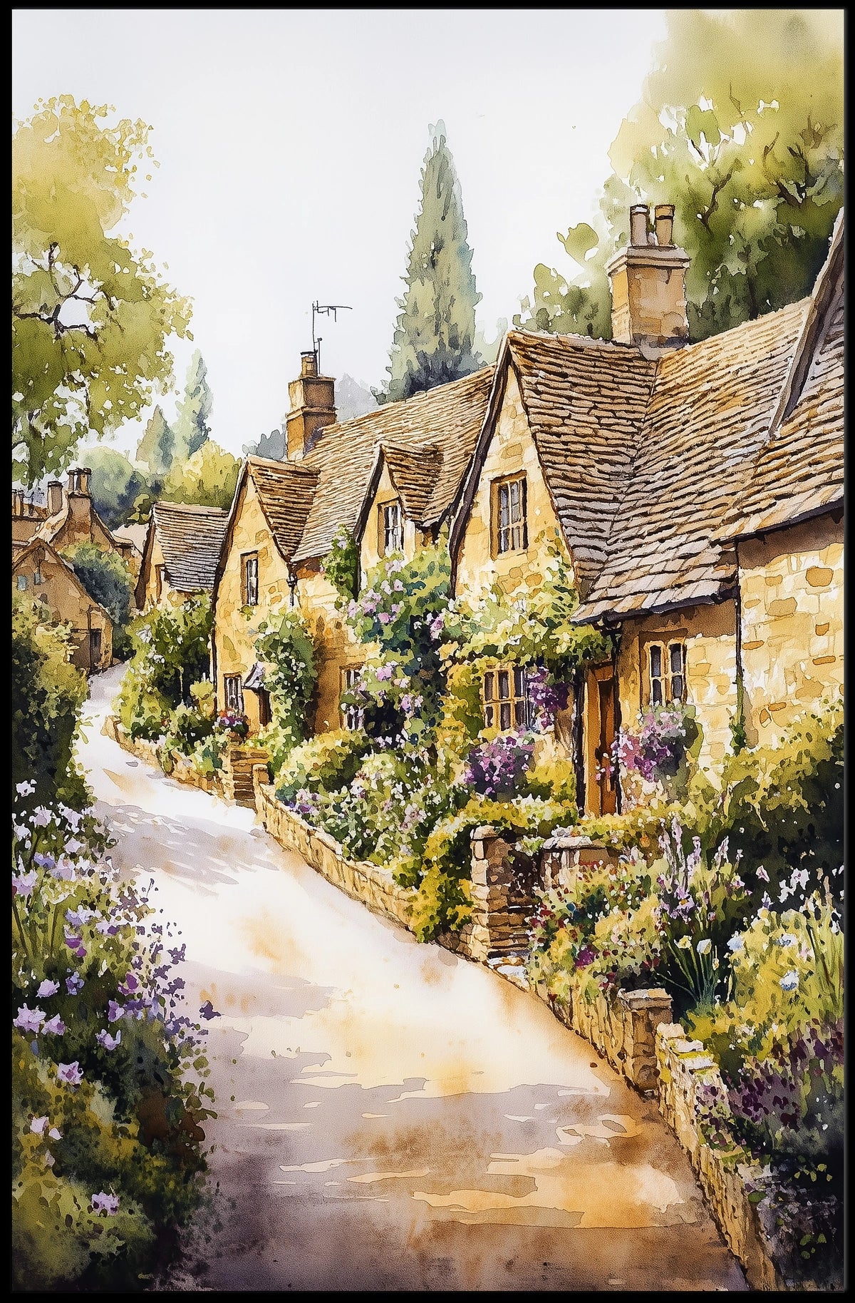 UK Cotswolds Village Street Watercolor Print Poster