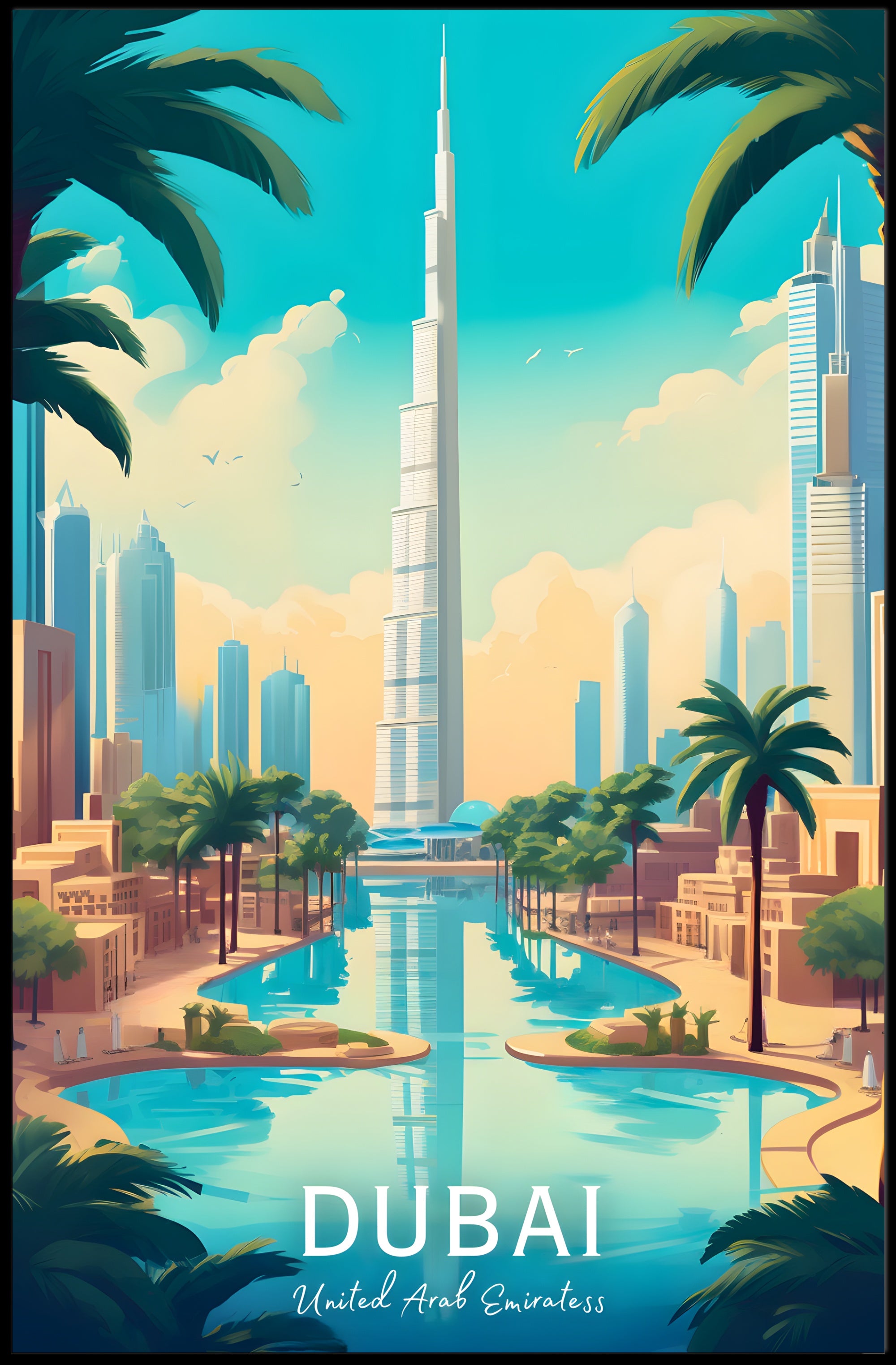 Dubai Skyline Art: Vibrant Burj Khalifa Travel Poster