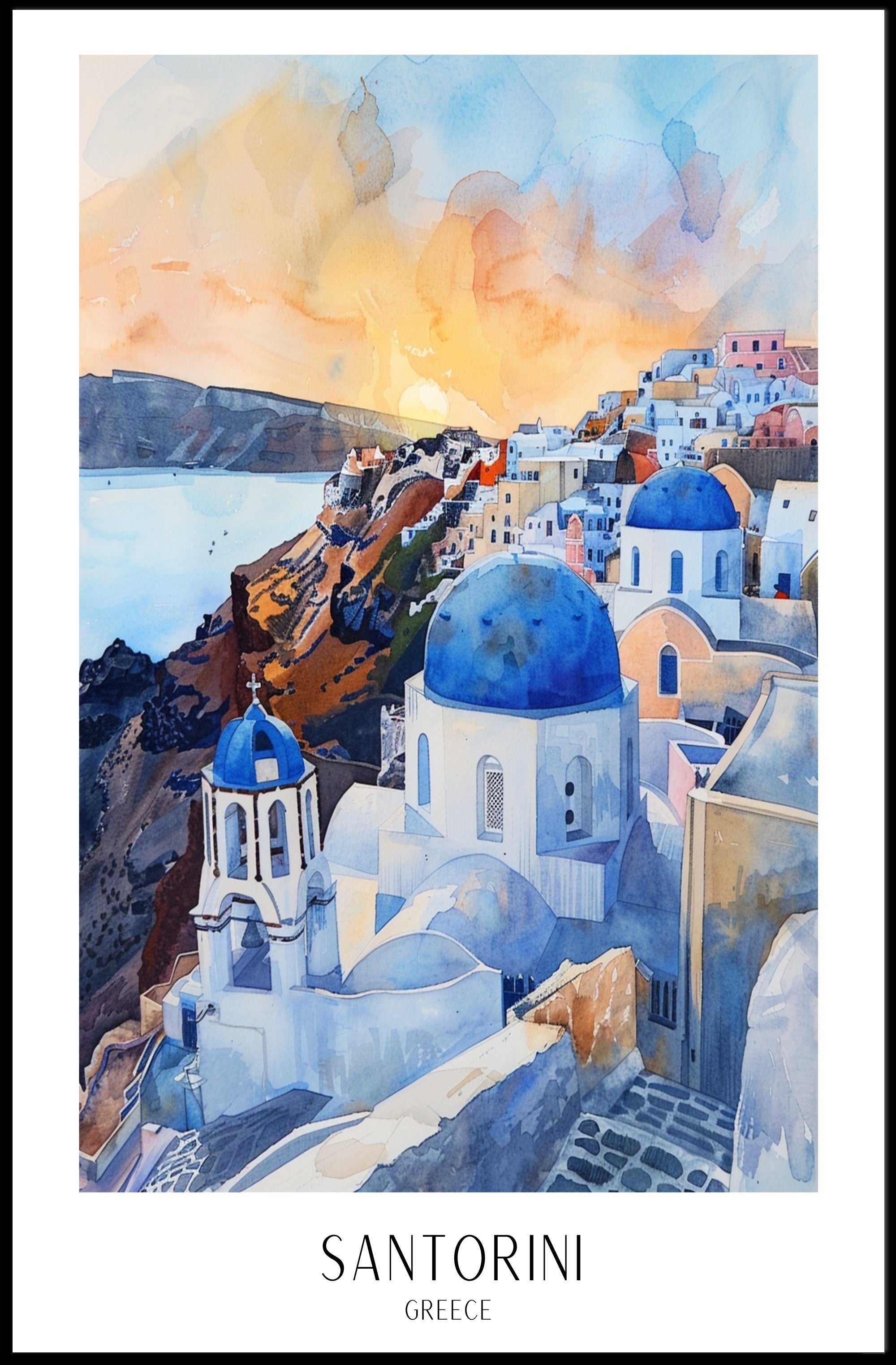 Santorini Sunset Scene: Vibrant Travel Poster PosterGoat
