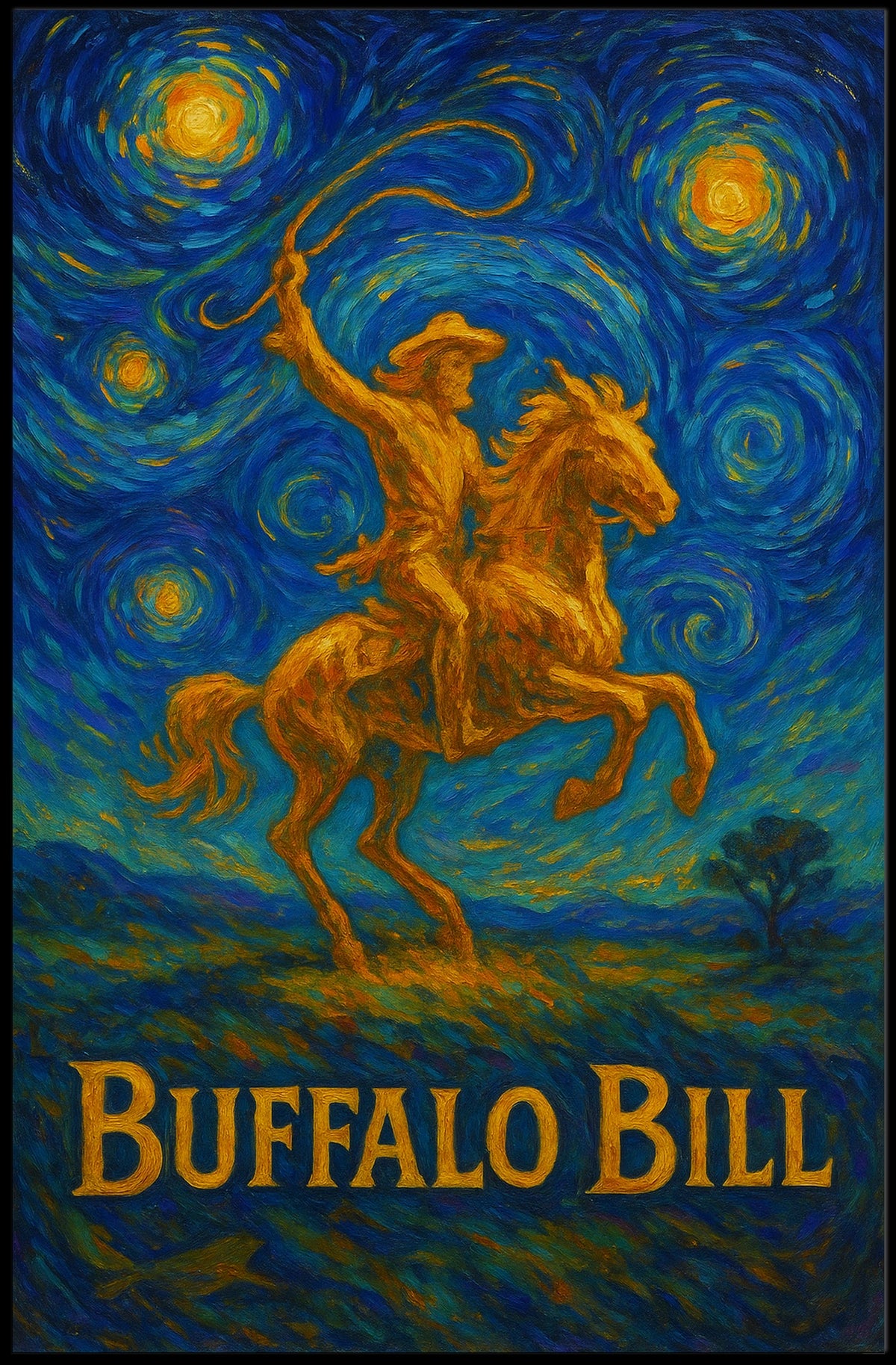 Cowboy Under Starry Sky Van Gogh Western Art Wild West Poster