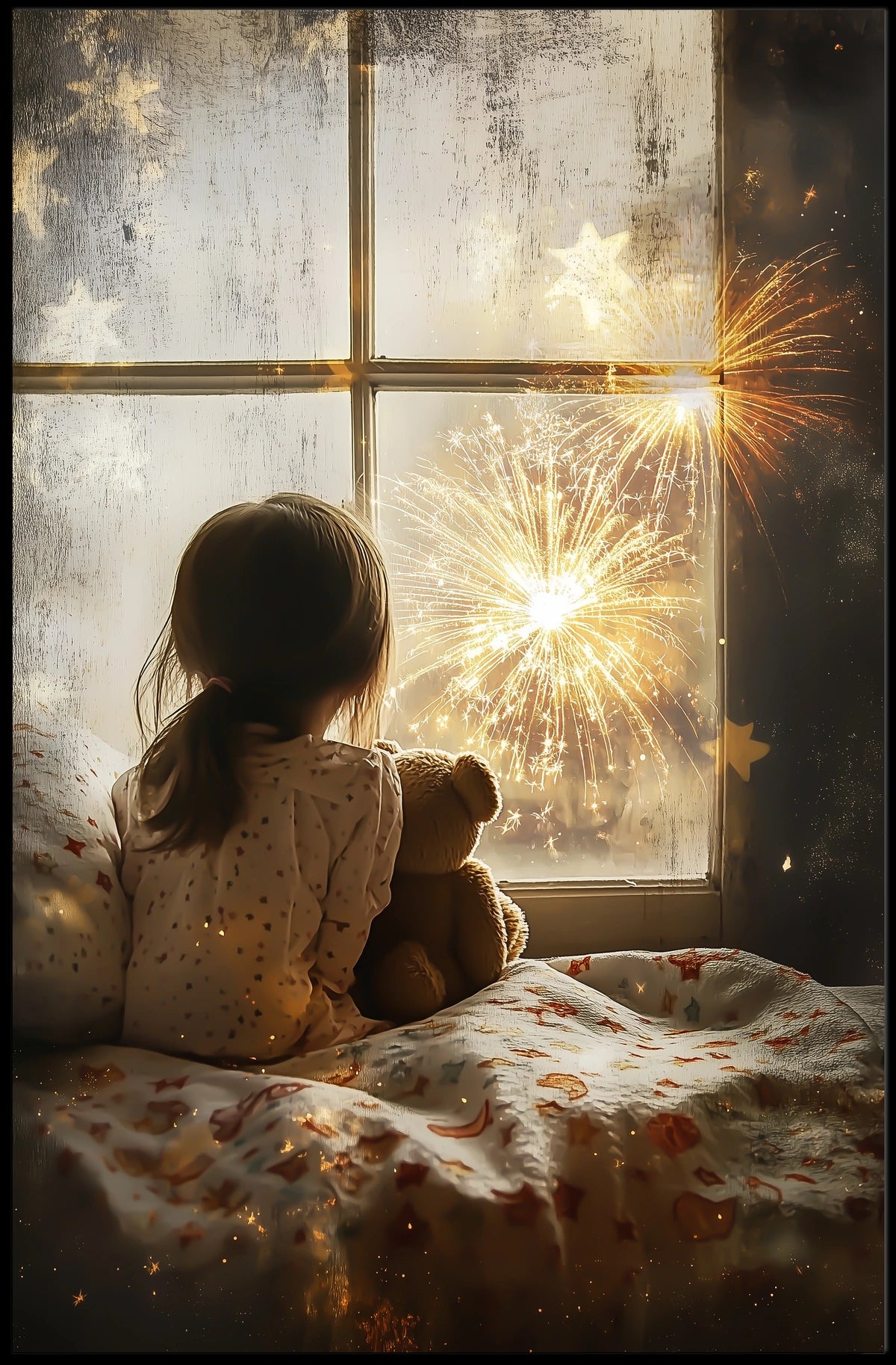 Little Girl Watching Fireworks At Window Scene Poster