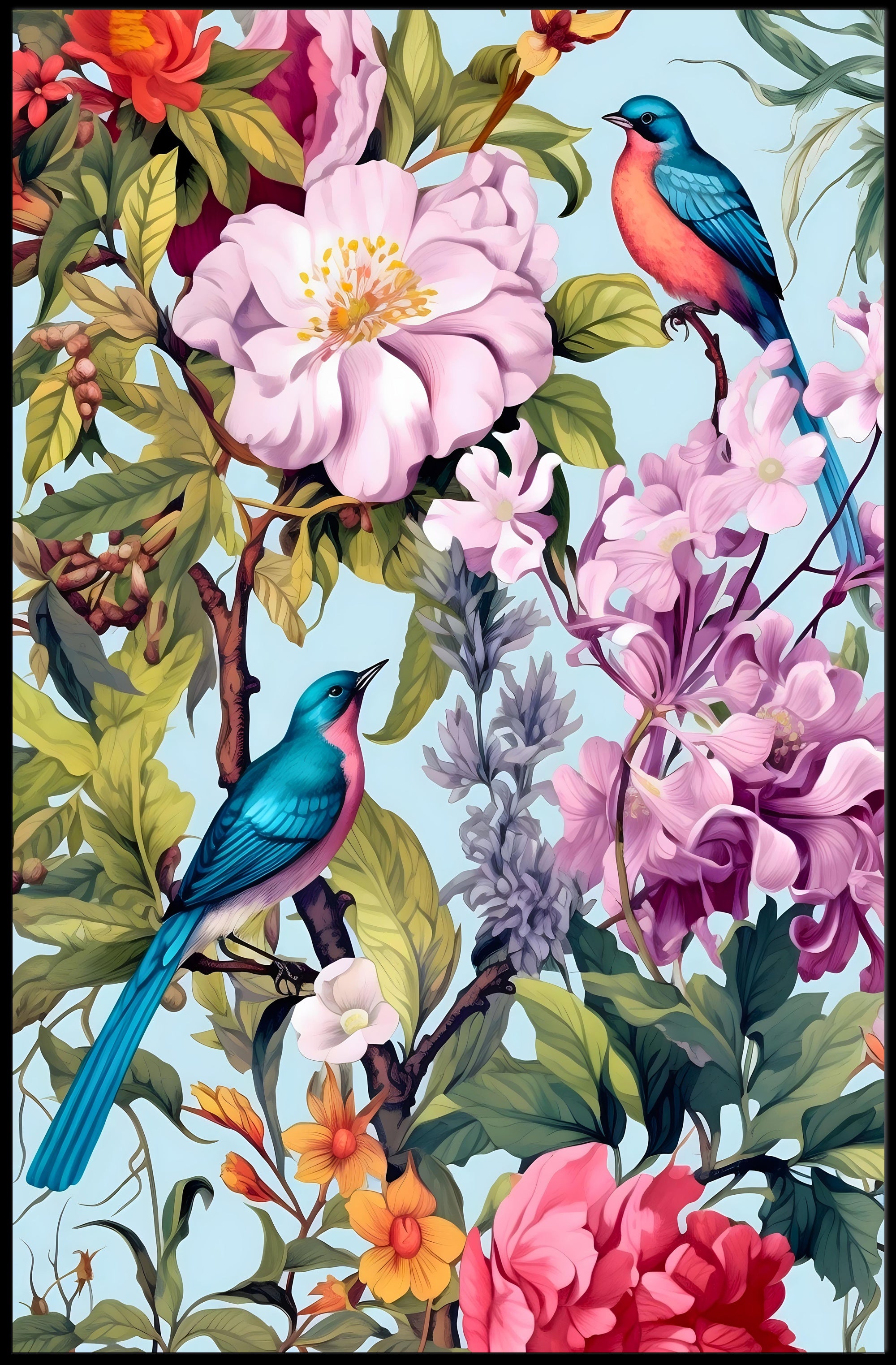 Vibrant Exotic Birds Botanical Art Animal Poster