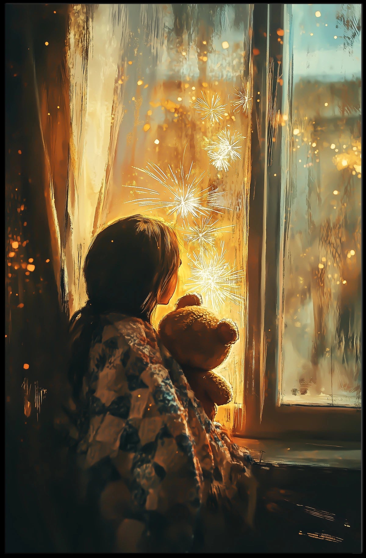 Little Girl Watching Fireworks With Teddy Bear Poster