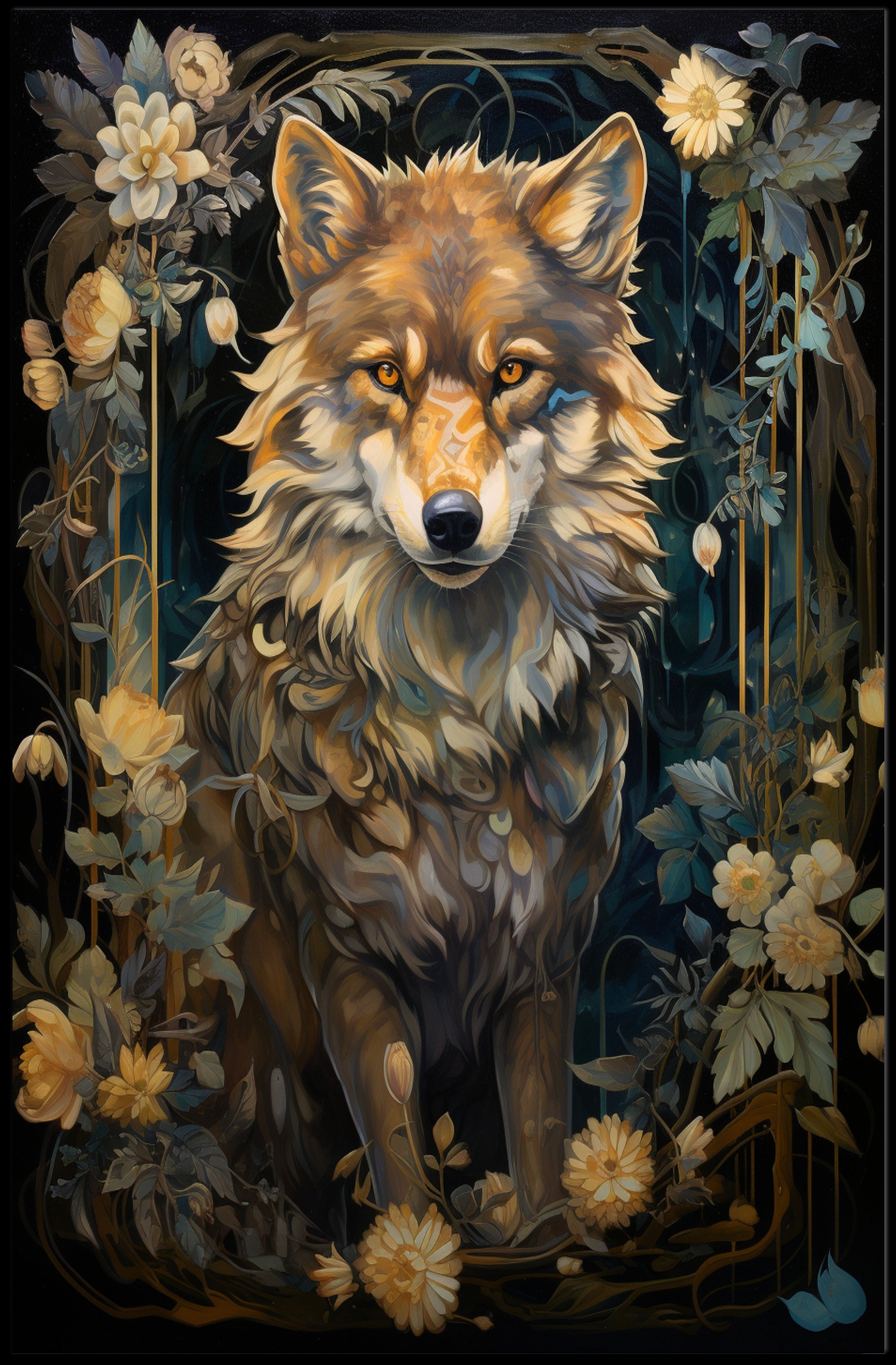 Majestic Wolf In Floral Frame Poster PosterGoat