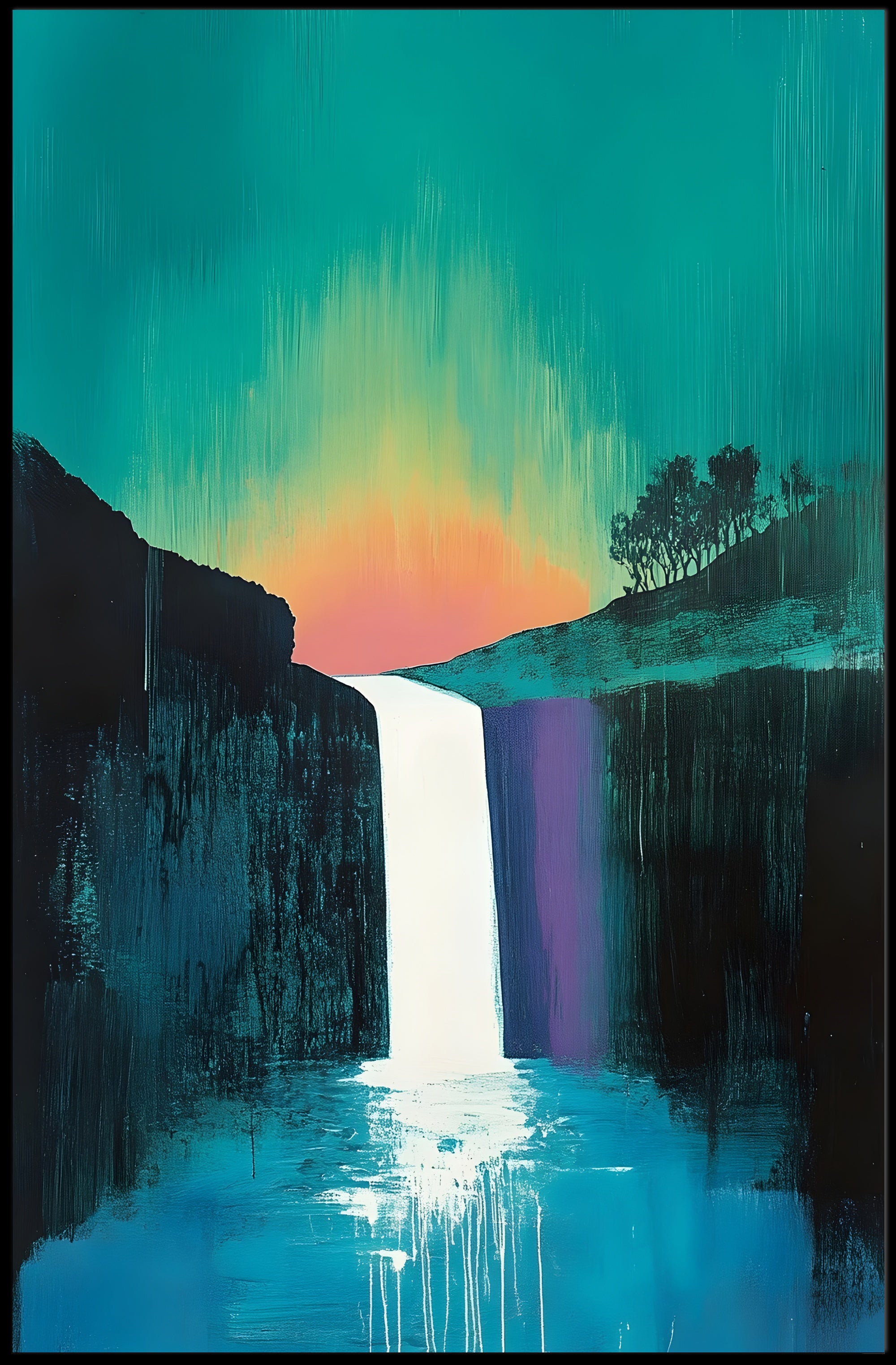 Abstract Waterfall Sunset Poster Modern Wall Art