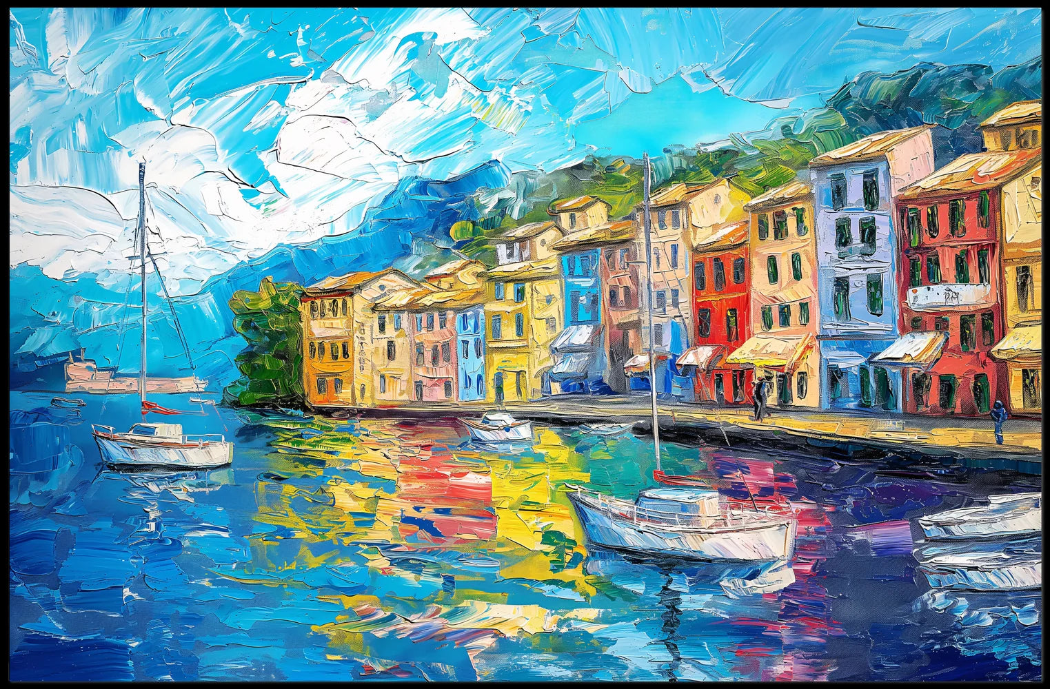 Mediterranean Coastal Town Vibrant Harbor Scene Poster
