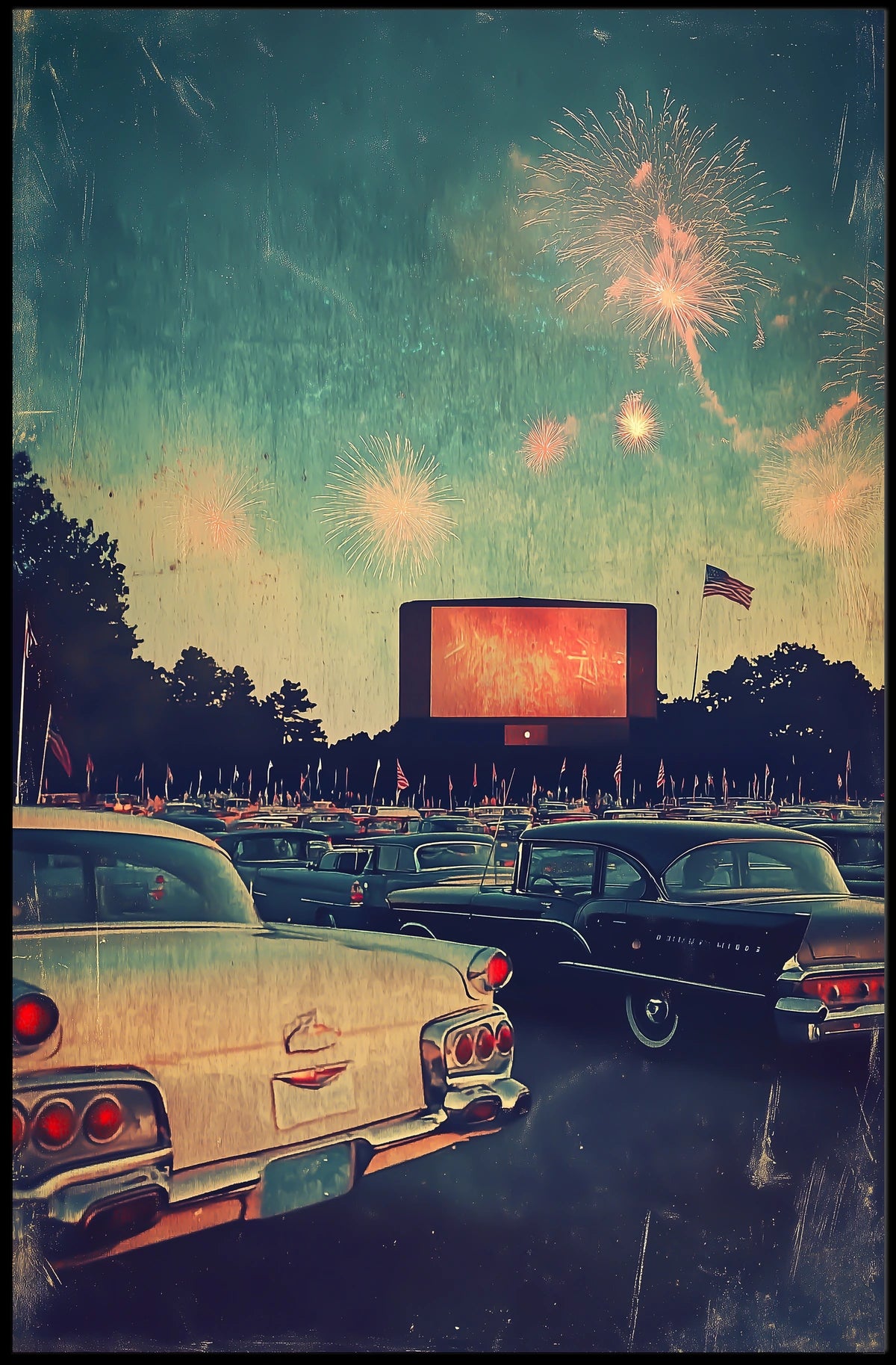 retro drive in movie night Poster