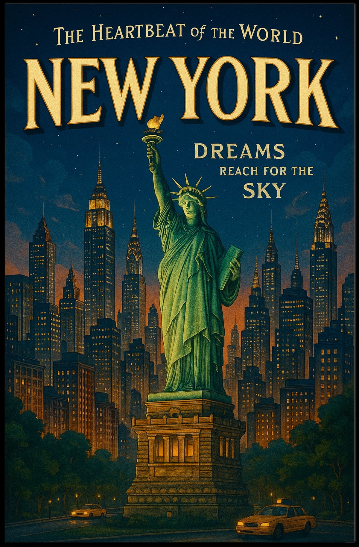 New York City Skyline Cityscape Poster Vintage Wall Art