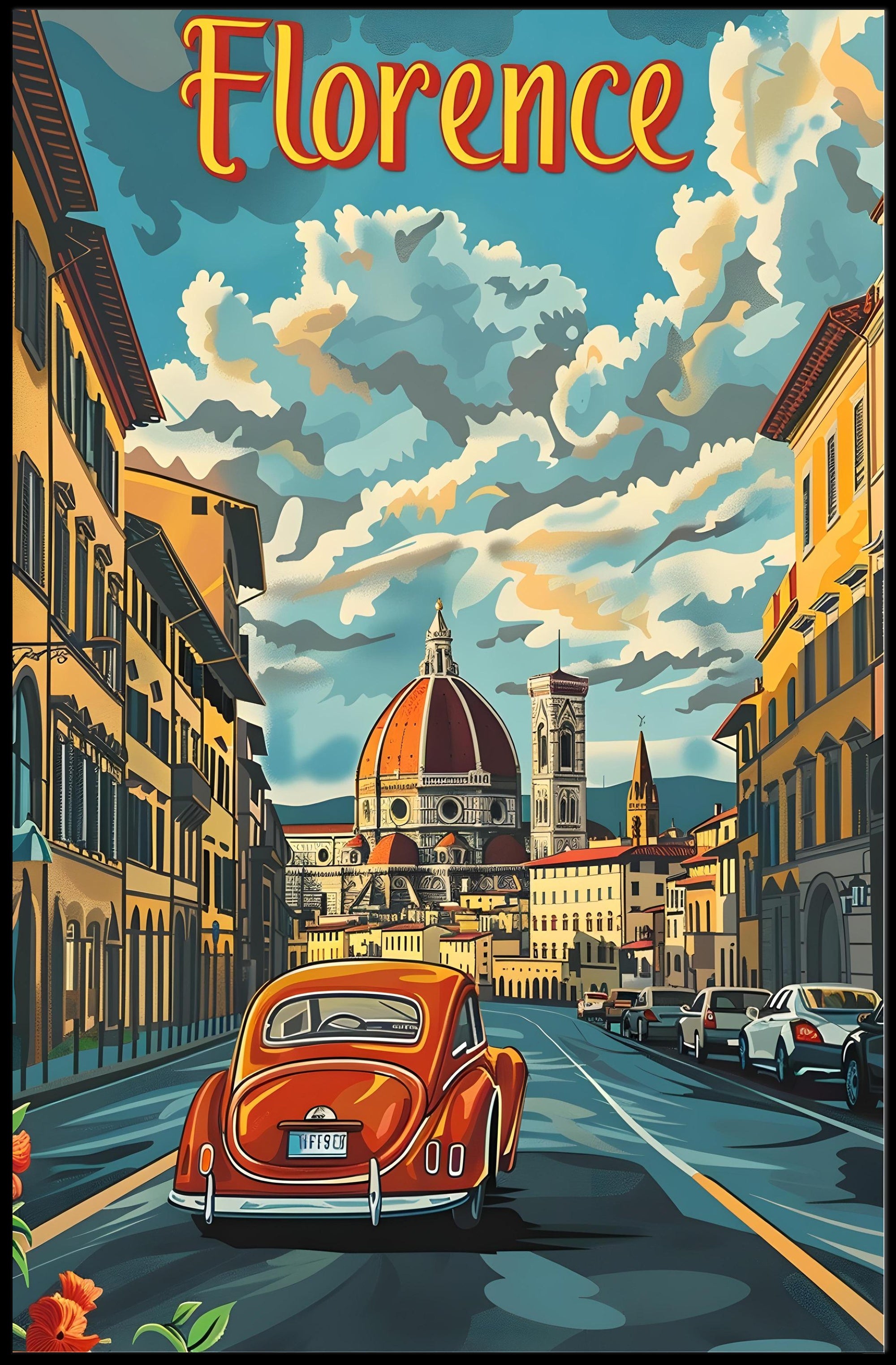 Florence Cathedral scene with vintage car poster