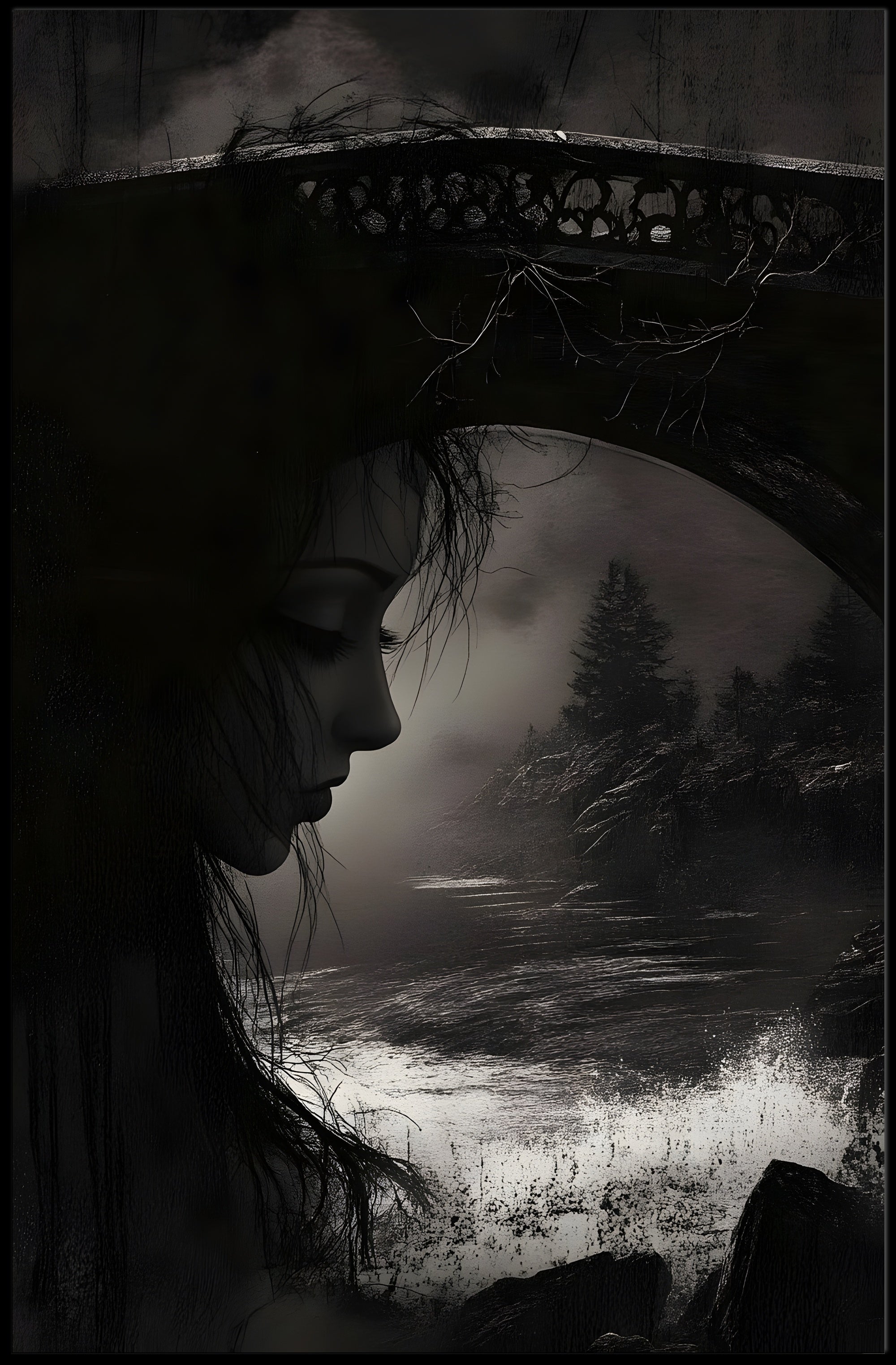 Gothic Dreamscape: Mysterious Woman with Stone Bridge Poster PosterGoat