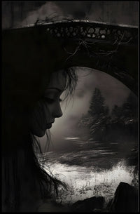 Gothic Dreamscape: Mysterious Woman with Stone Bridge Poster PosterGoat