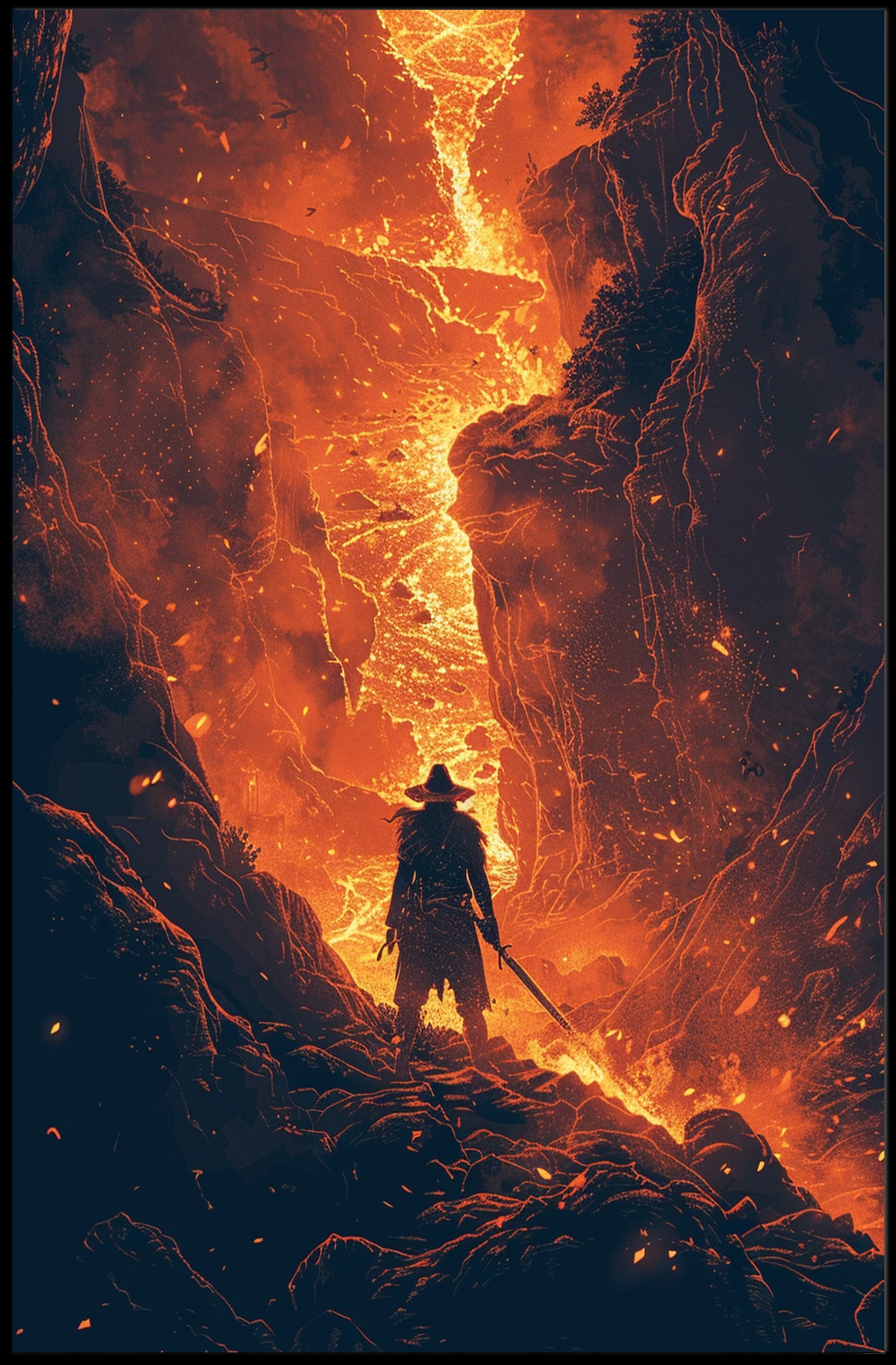 Epic Warrior Stands in Fiery Fantasy Landscape Poster PosterGoat