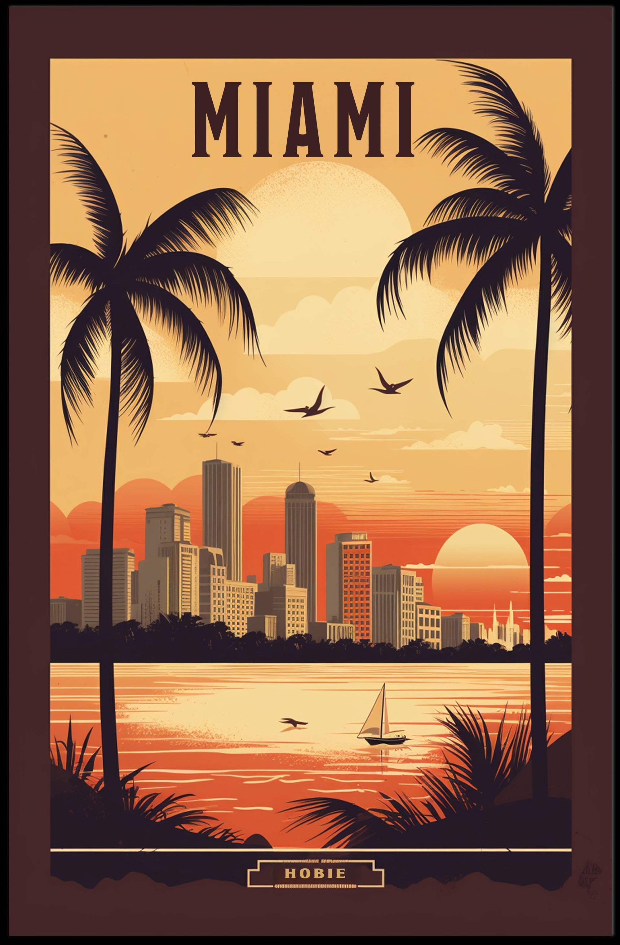 Miami Sunset Vintage Travel Scene Urban or Cityscape Poster