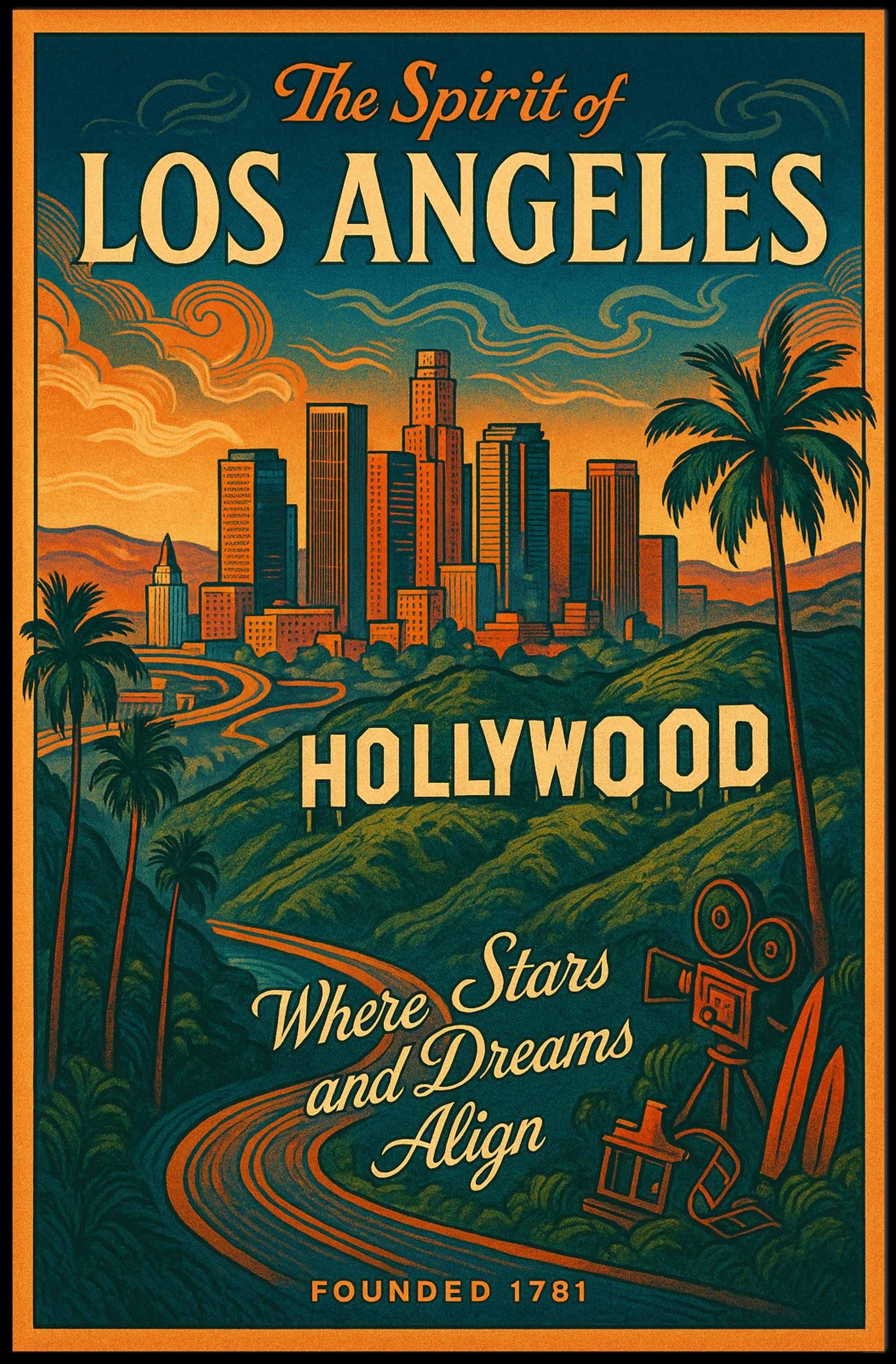 Los Angeles Hollywood Retro Vintage Travel Poster