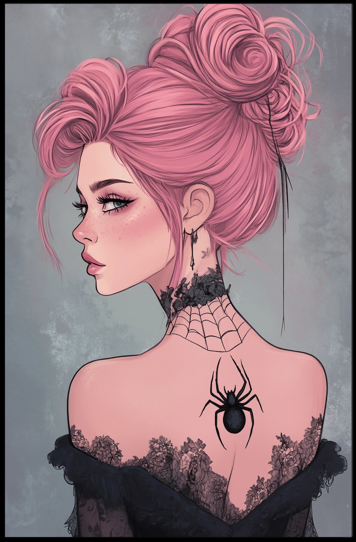 Gothic Elegance Woman Illustration Spider Tattoo Poster