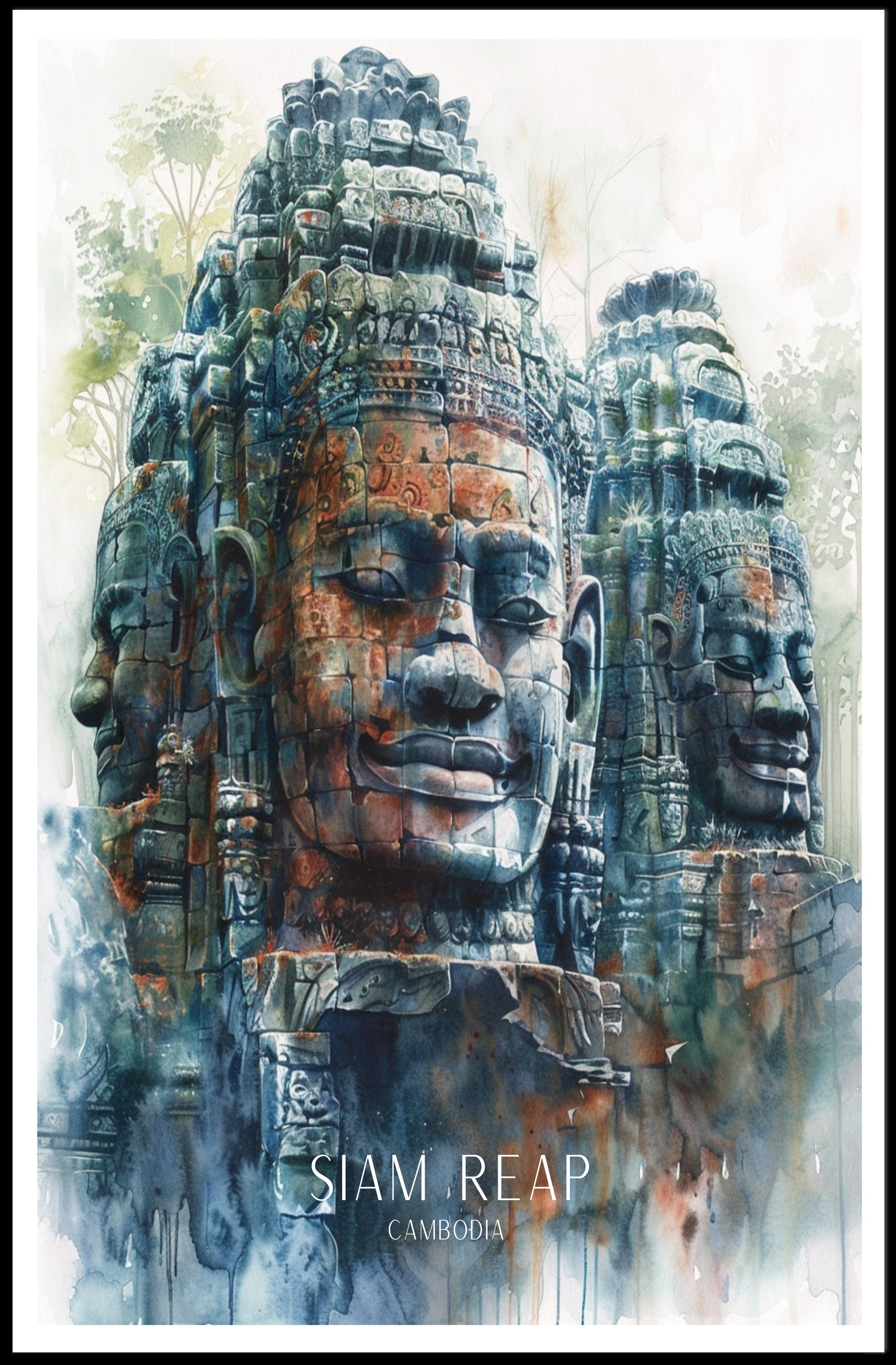 Bayon Temple Faces Watercolor Art Cultural or Heritage Poster PosterGoat