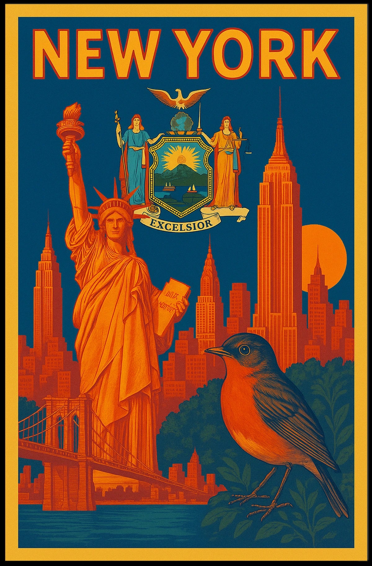 New York Poster Vintage Statue Skyline Bridge Wall Art