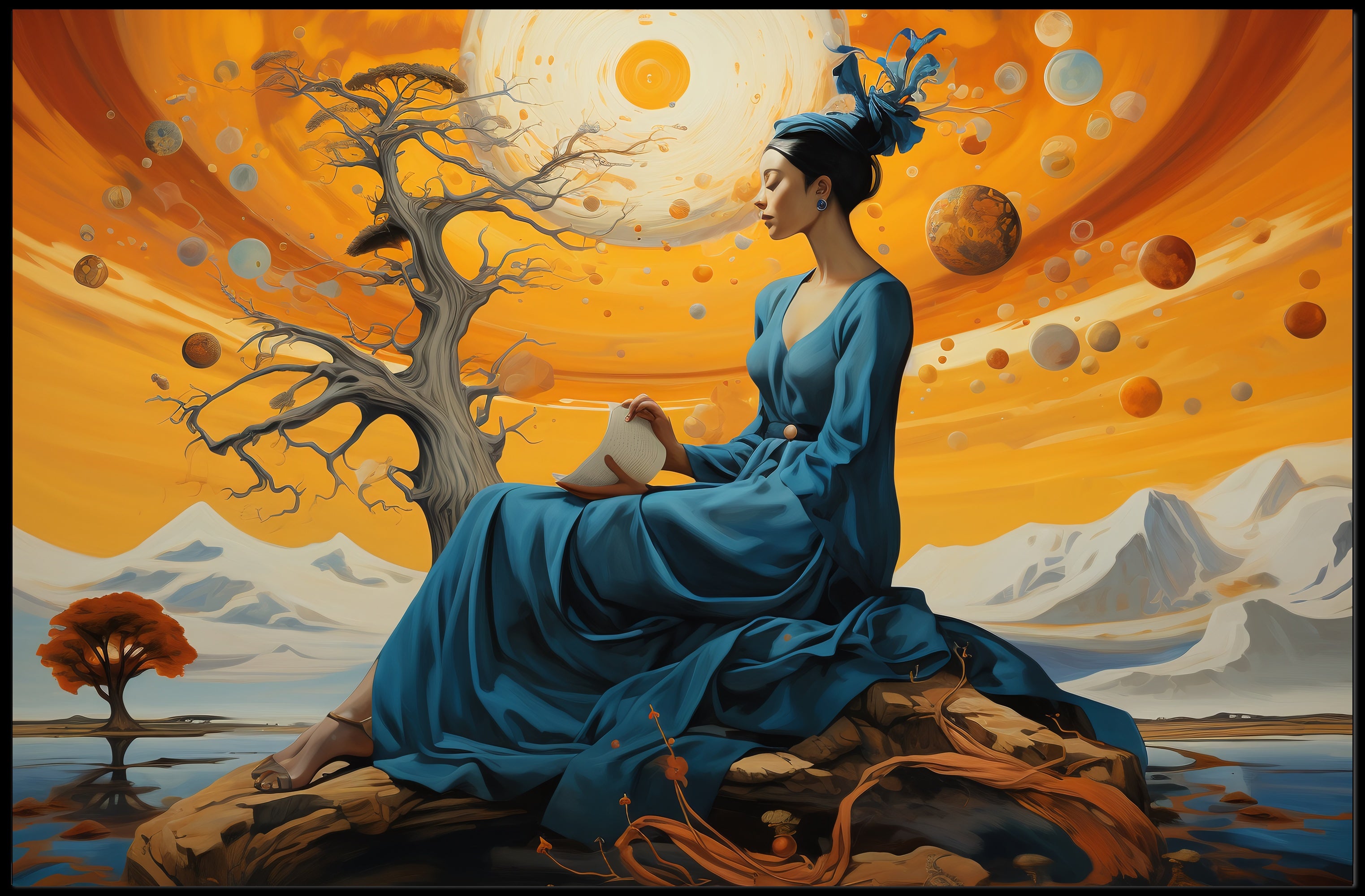 Celestial Dreamscape: Enchanted Woman in Cosmic Fantasy Poster