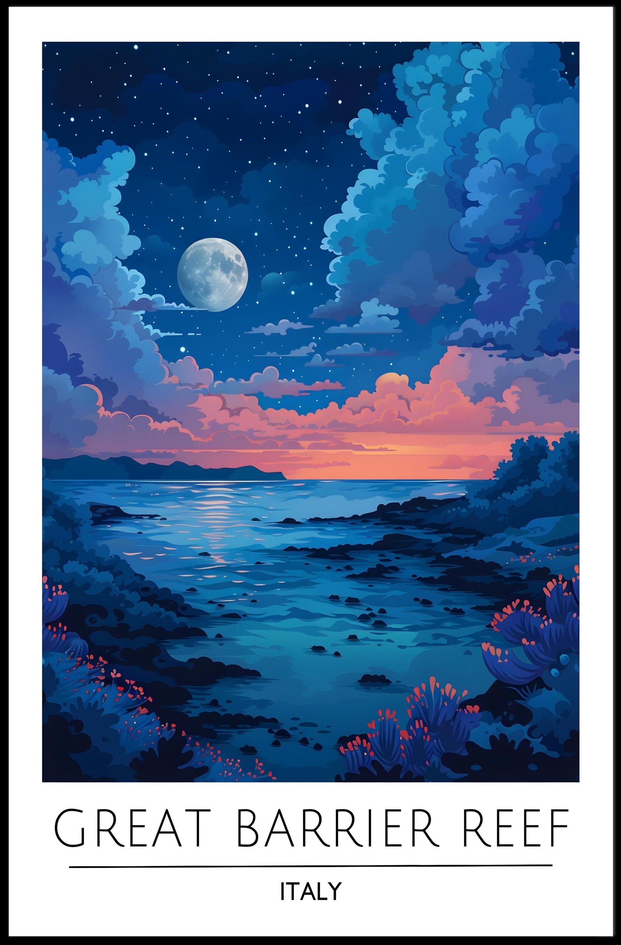 Dreamy Coastal Night Scene Under Full Moon - Artistic Poster