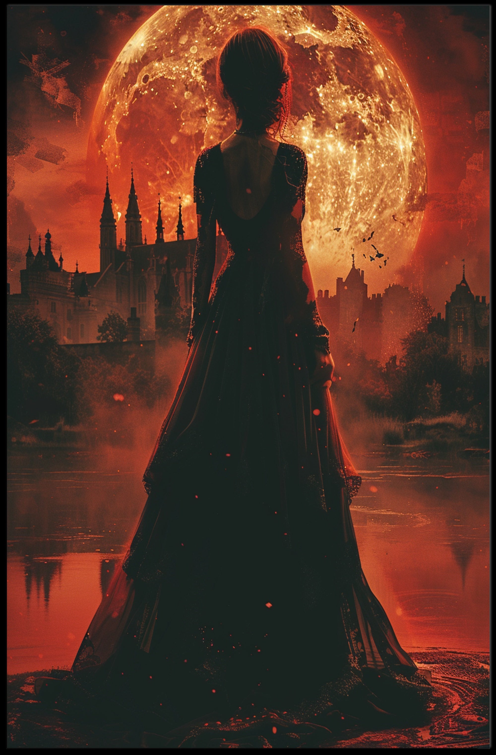 Moonlit Gothic Fantasy: Haunting Woman and Castle Poster PosterGoat