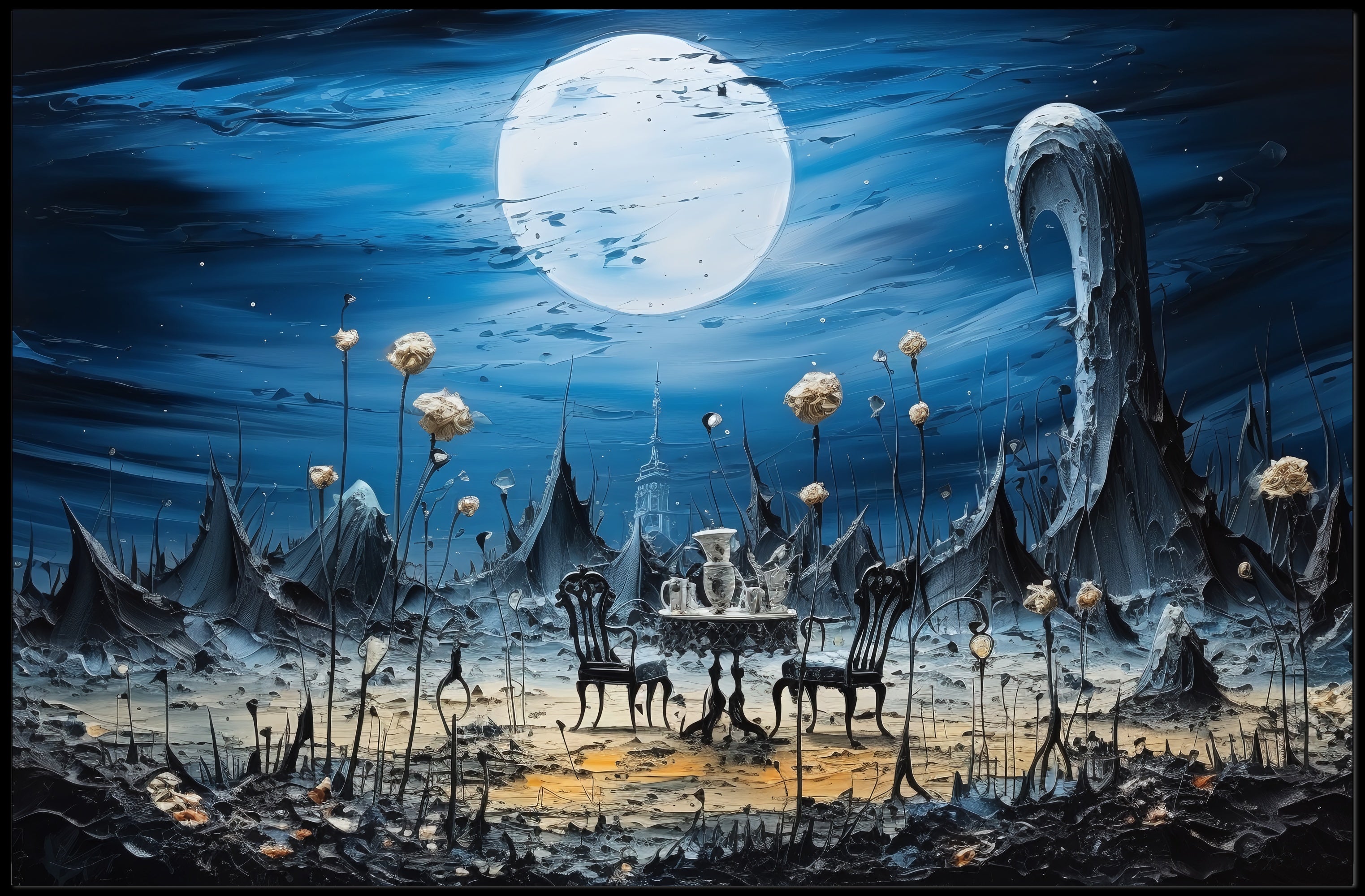 Surreal Dreamscape with Moonlit Tea Set Fantasy Poster