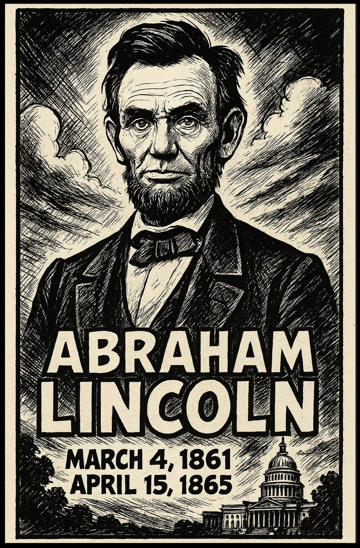 Abraham Lincoln 16th President of the United States B & W Comic Sketch Poster