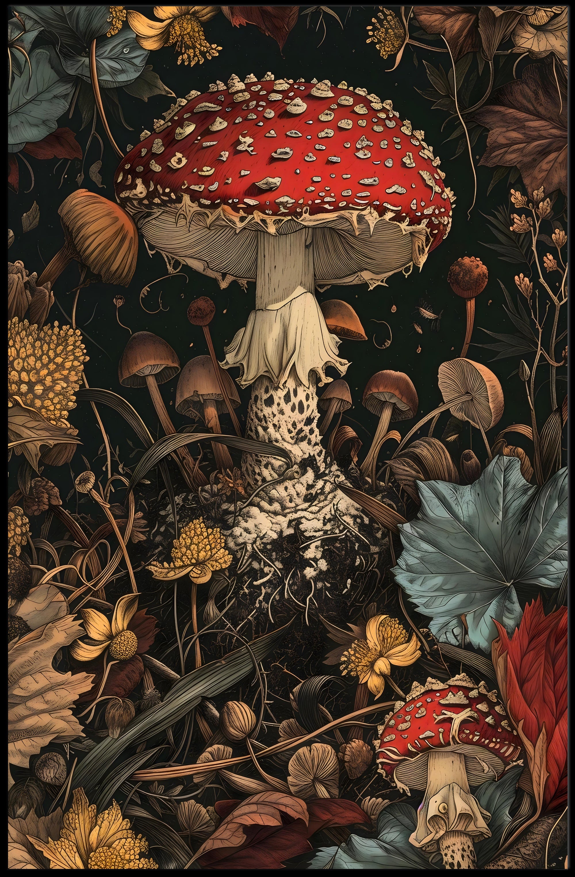 Lush Forest Floor with Enchanting Mushroom Fantasy Poster