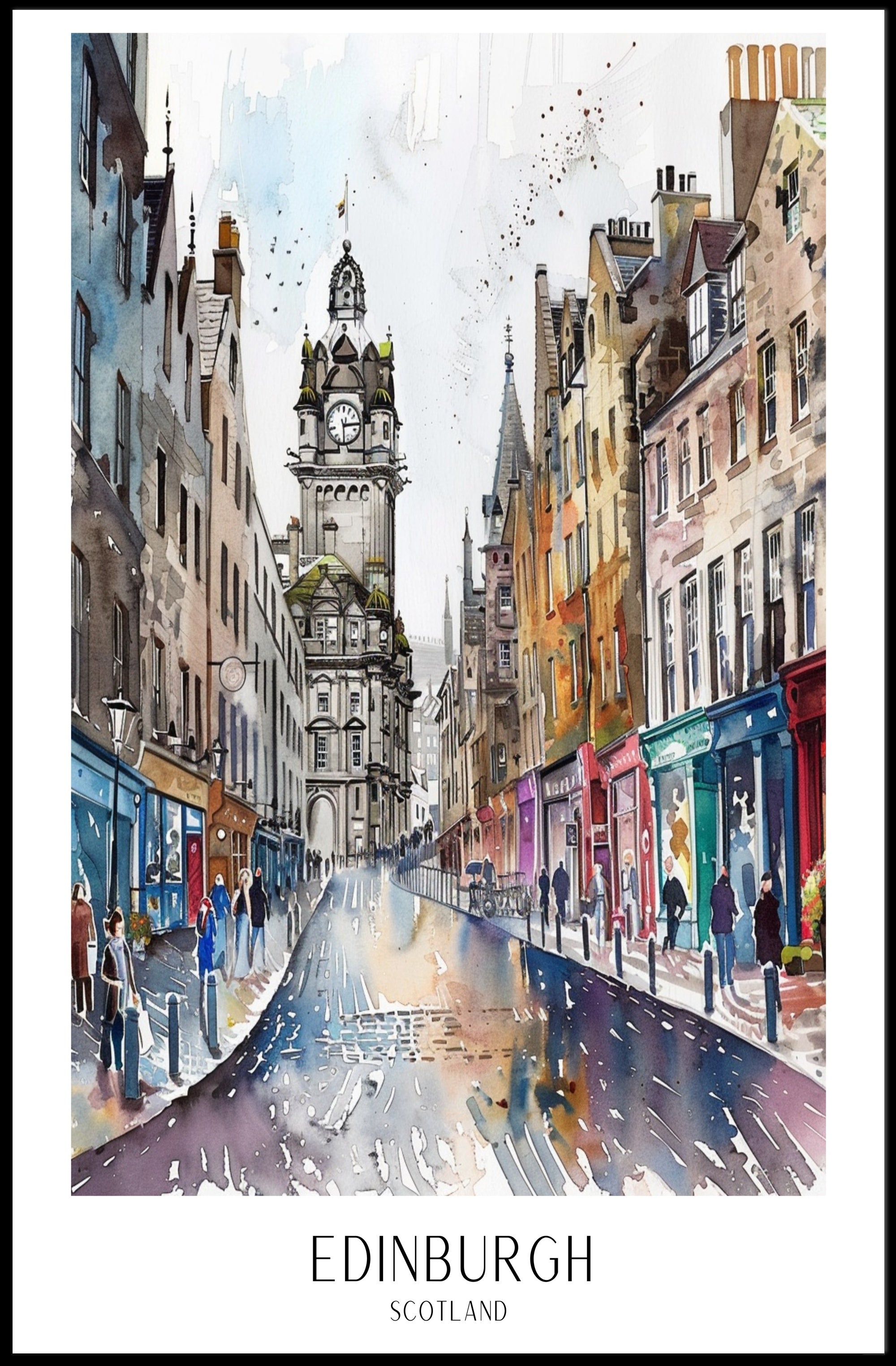 Vibrant Watercolor Street Scene in Edinburgh Urban or Cityscape Poster PosterGoat