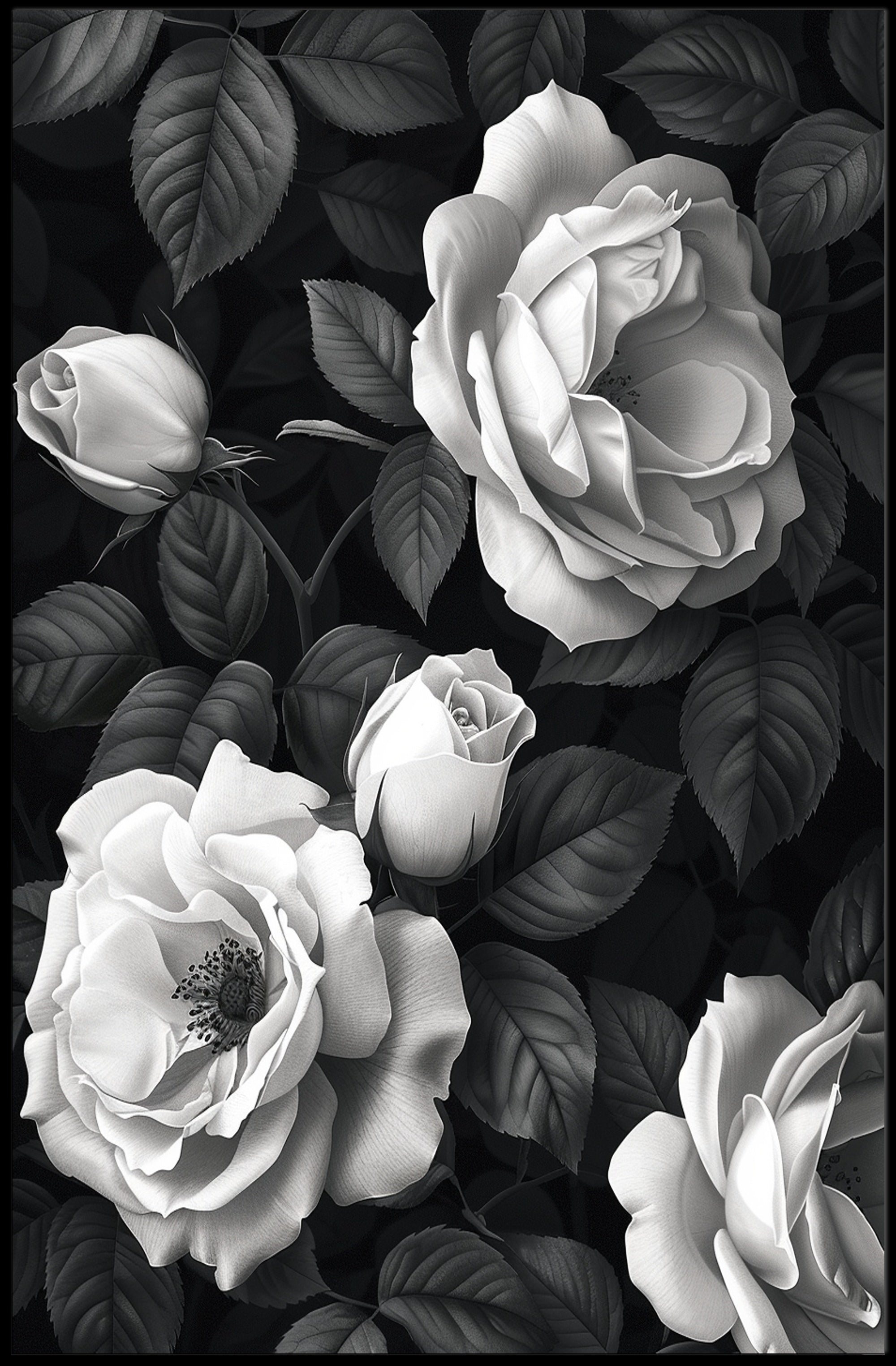 Blooming Roses Monochrome Elegance Art Poster PosterGoat