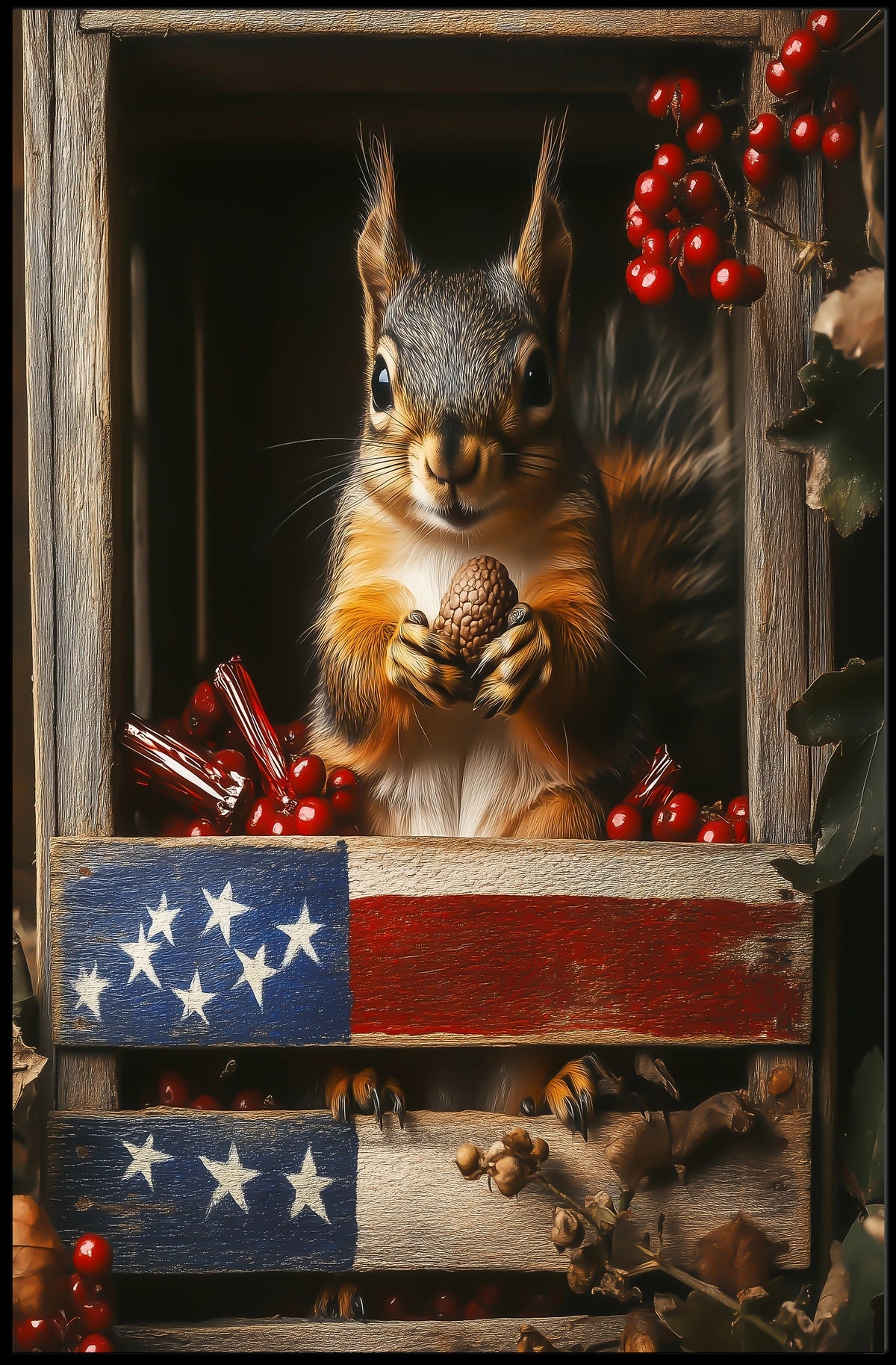 squirrel sitting upright inside a wooden crate Poster