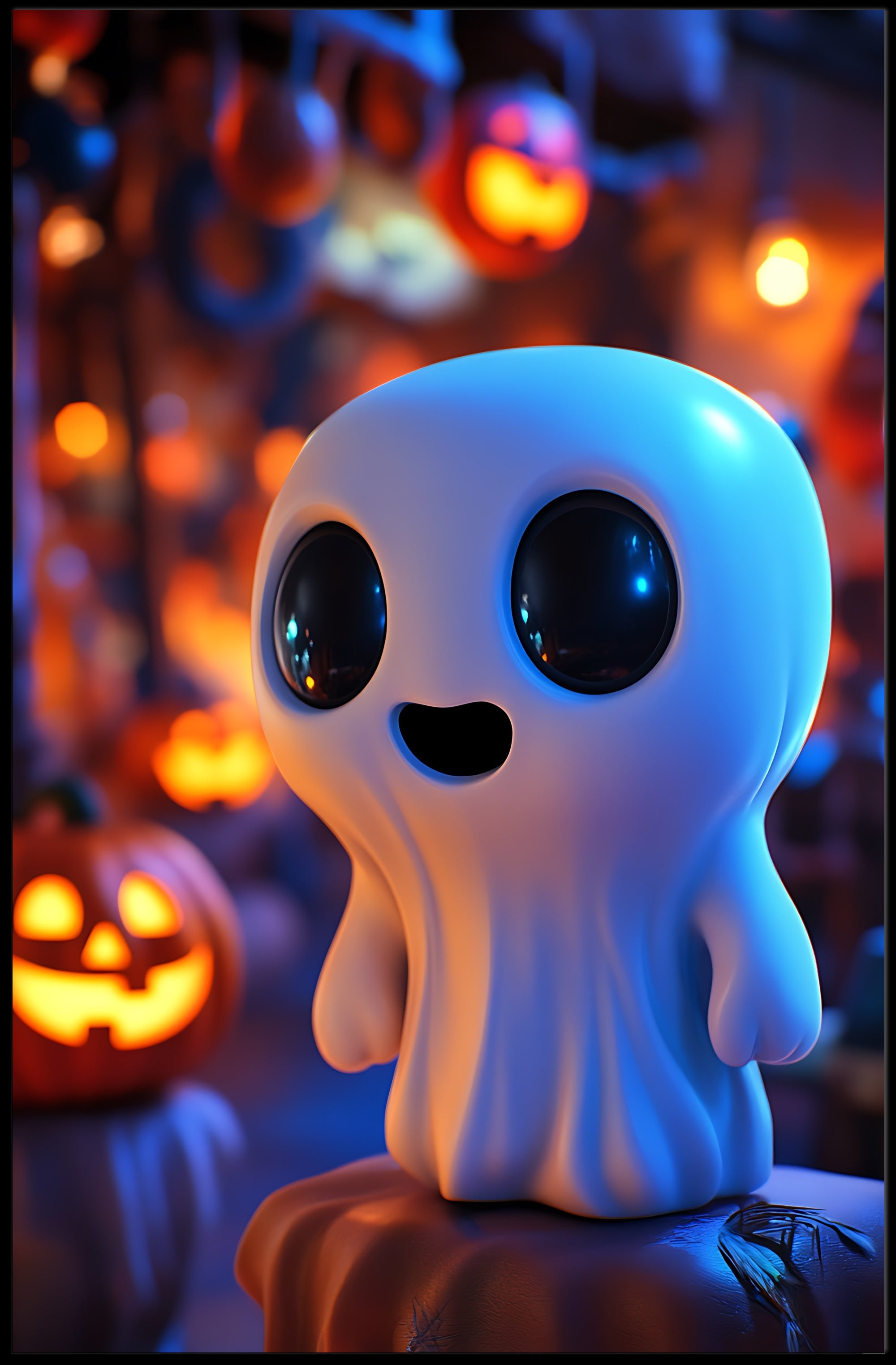 Cute Ghost with Pumpkins: Vibrant Halloween Pop Culture Poster