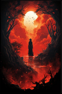 Wandering Traveler in Fiery Fantasy Landscape Poster