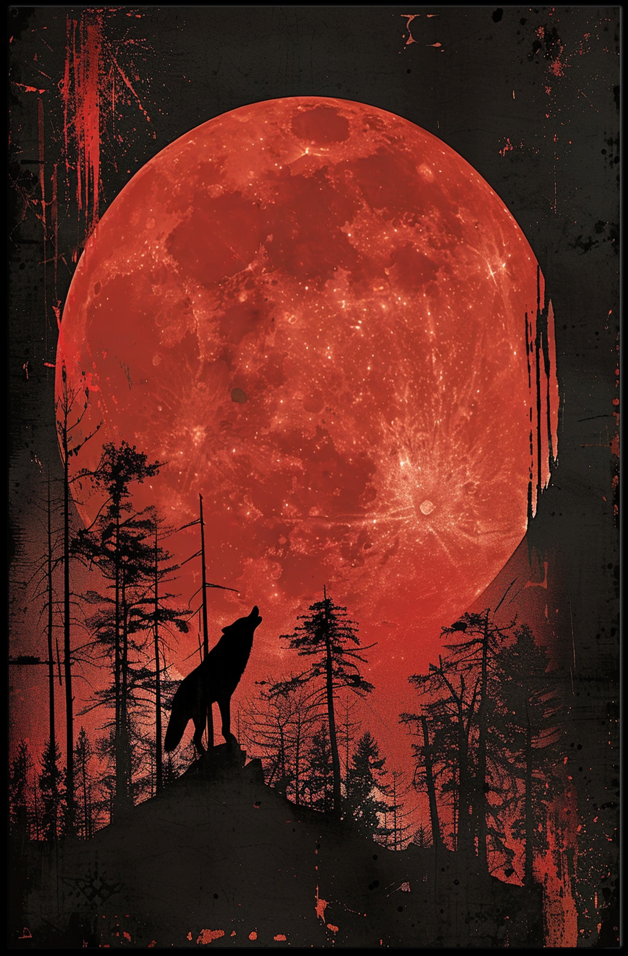 Wolf Howling Under Blood Moon Art Poster PosterGoat
