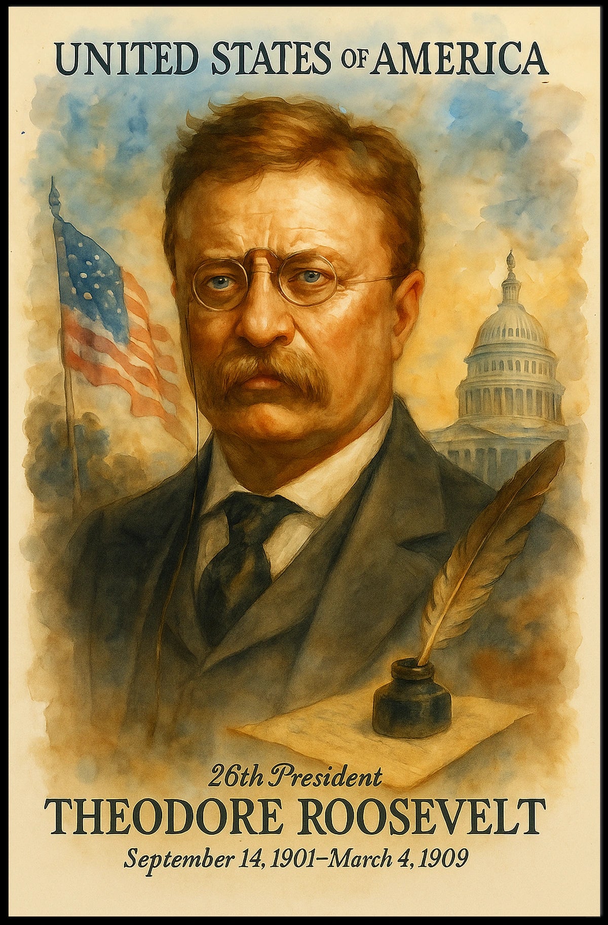 Theodore Roosevelt 26th President of the United States Vintage Watercolor Poster
