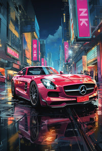 Futuristic Cityscape Sports Car Neon Lights Poster
